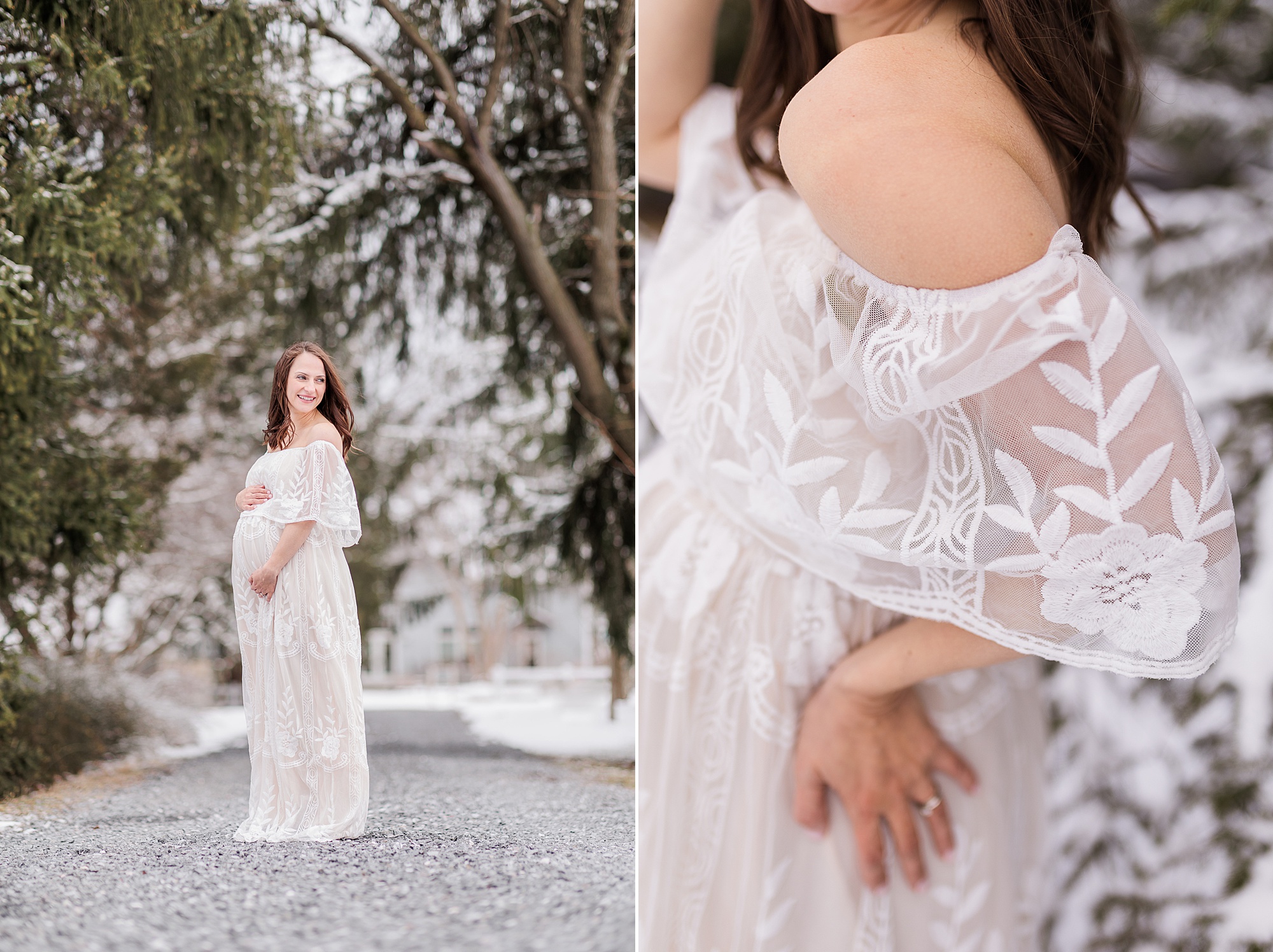 woman in lace maternity gown poses by snow covered trees during snowy maternity session