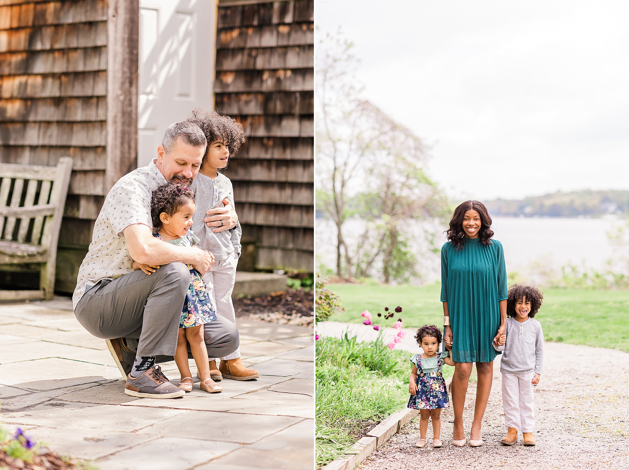 parents play with toddlers during family photos in the spring