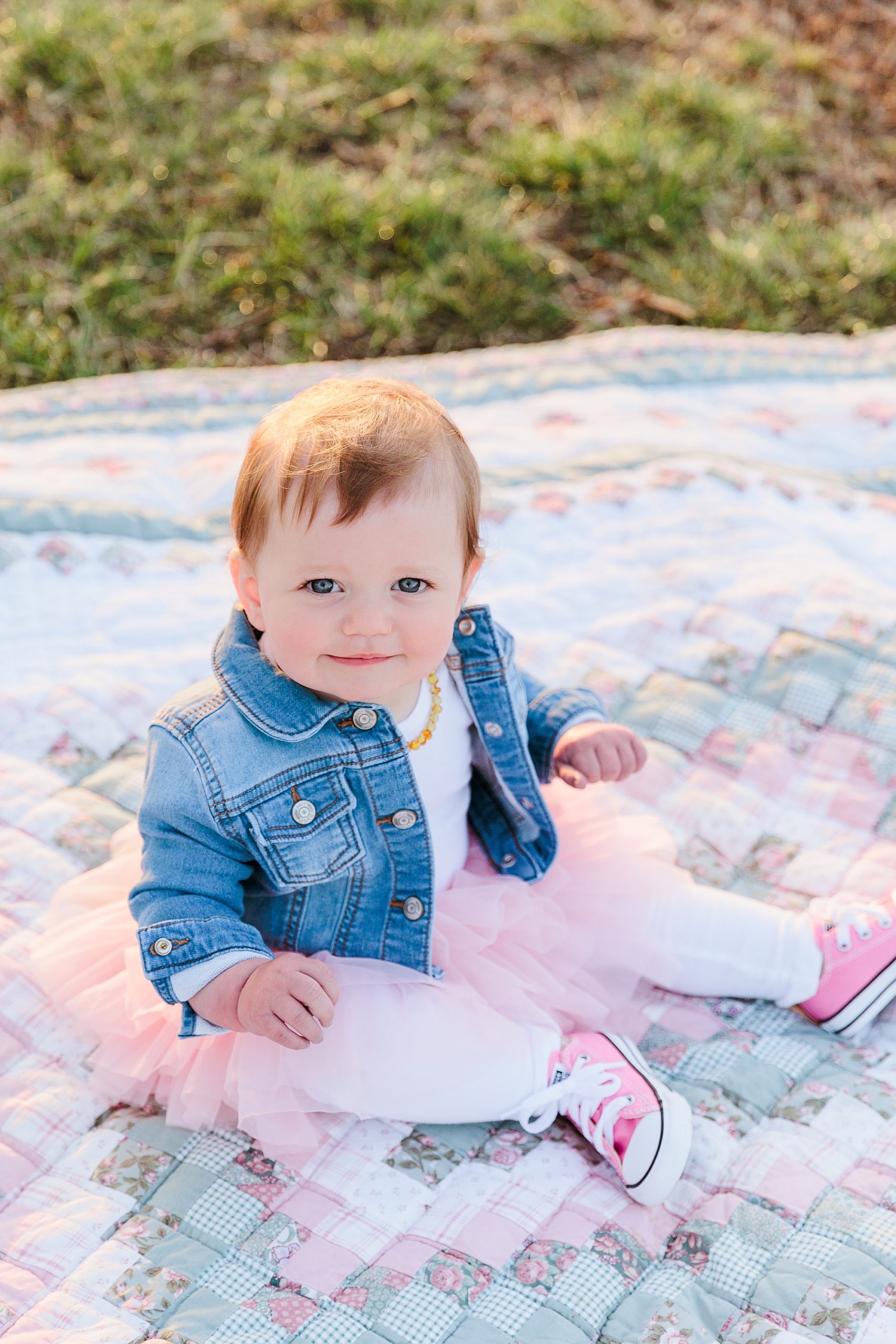 one year old sits in pink tutu during Constitutional Gardens family portraits