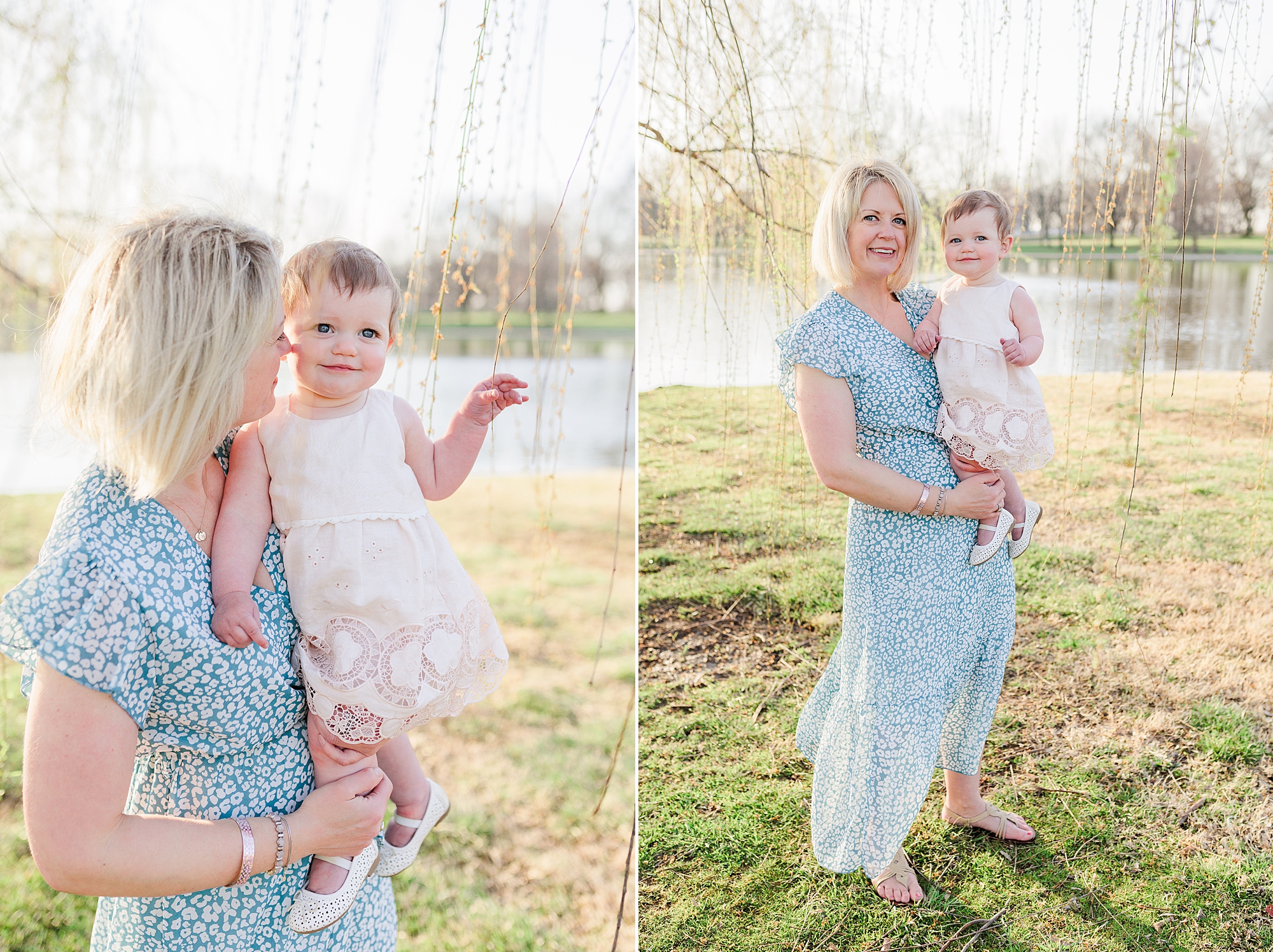 mom holds daughter in pink dress during Constitutional Gardens family portraits