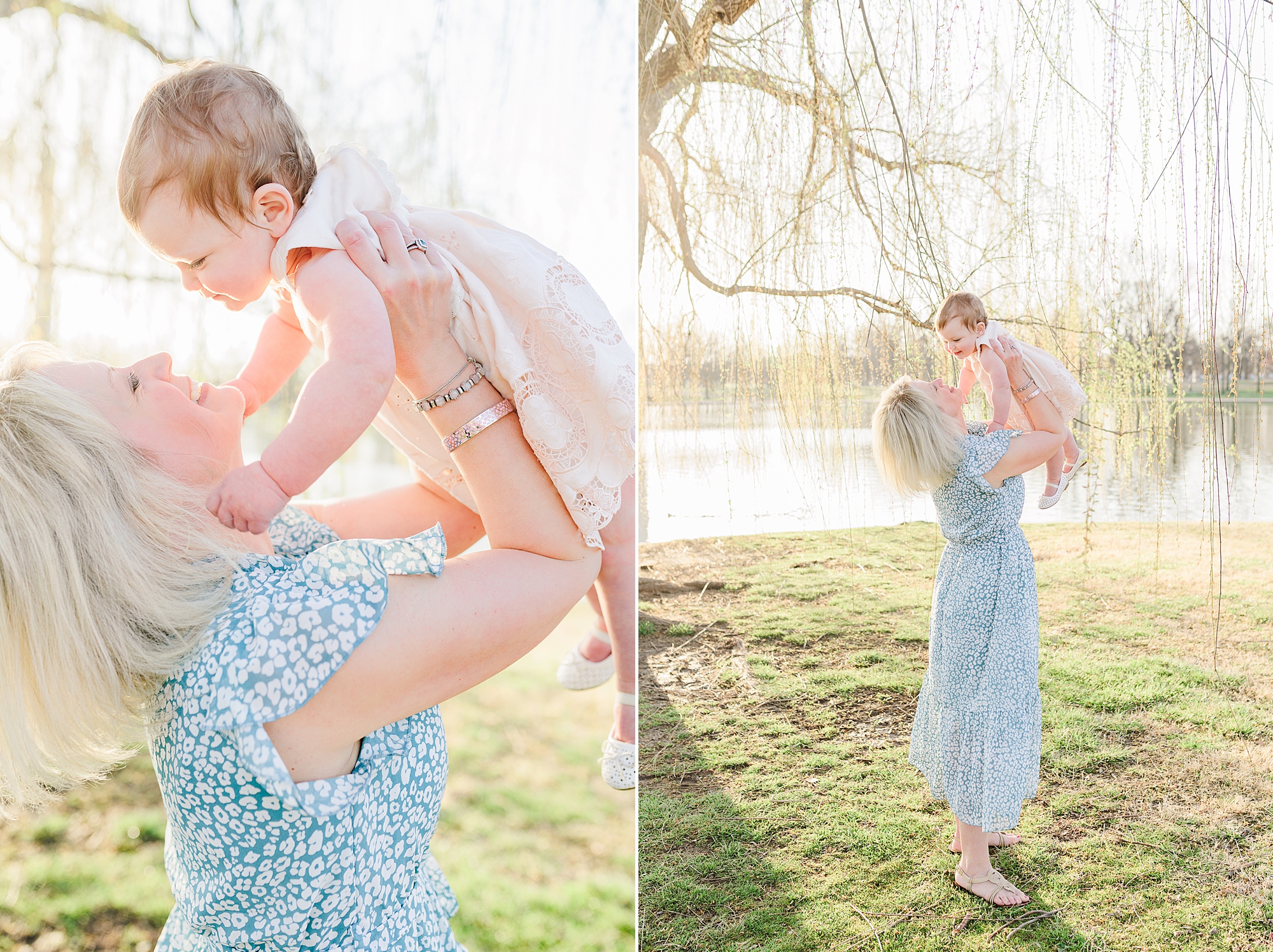 mom lifts daughter up under weeping willow