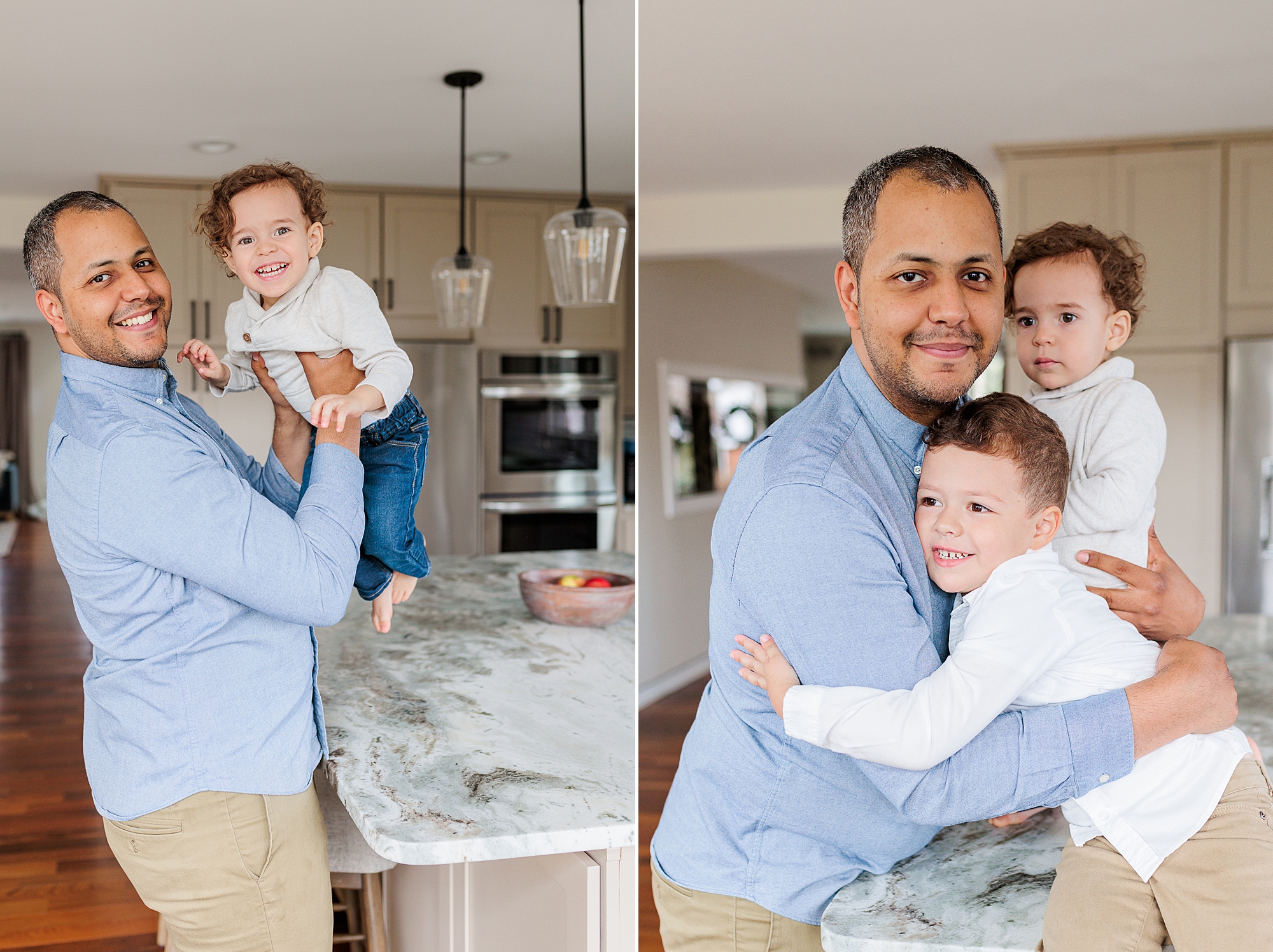 dad plays with two boys during family photos at home
