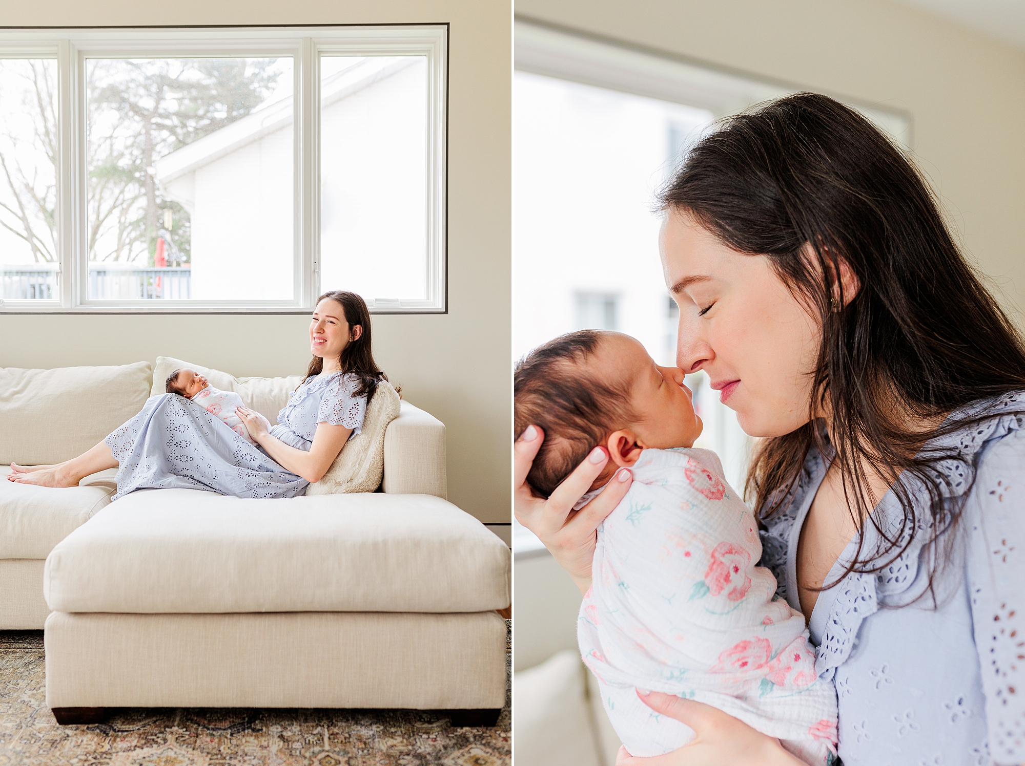 mom snuggles with daughter on couch during Silver Spring MD newborn lifestyle session