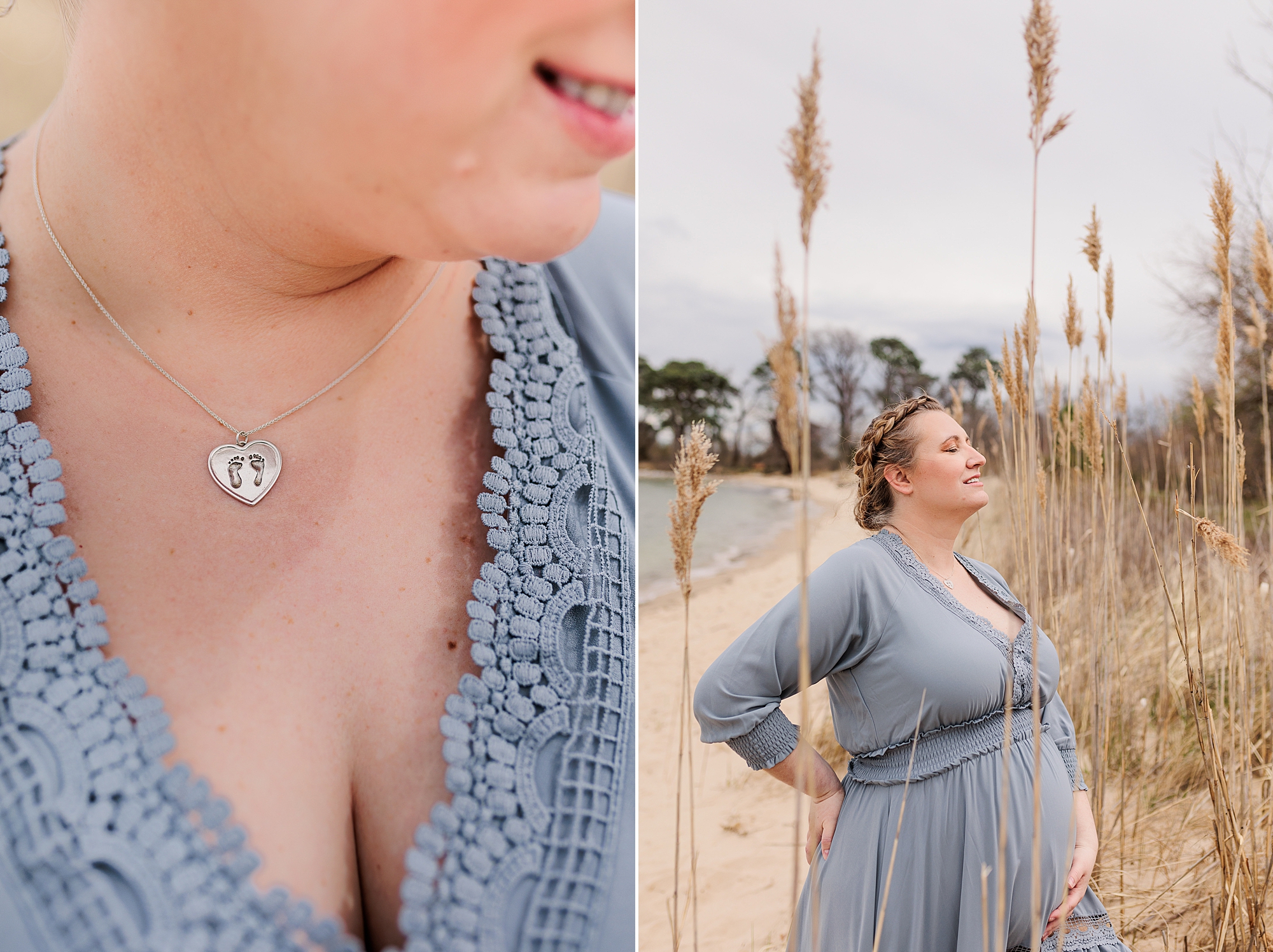 expecting mother holds belly looking to the sky during Eastern Shore maternity portraits