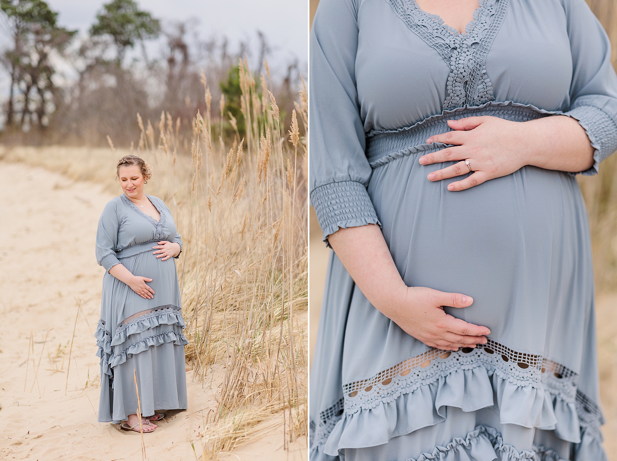 mom holds belly in blue gown during Eastern Shore maternity portraits