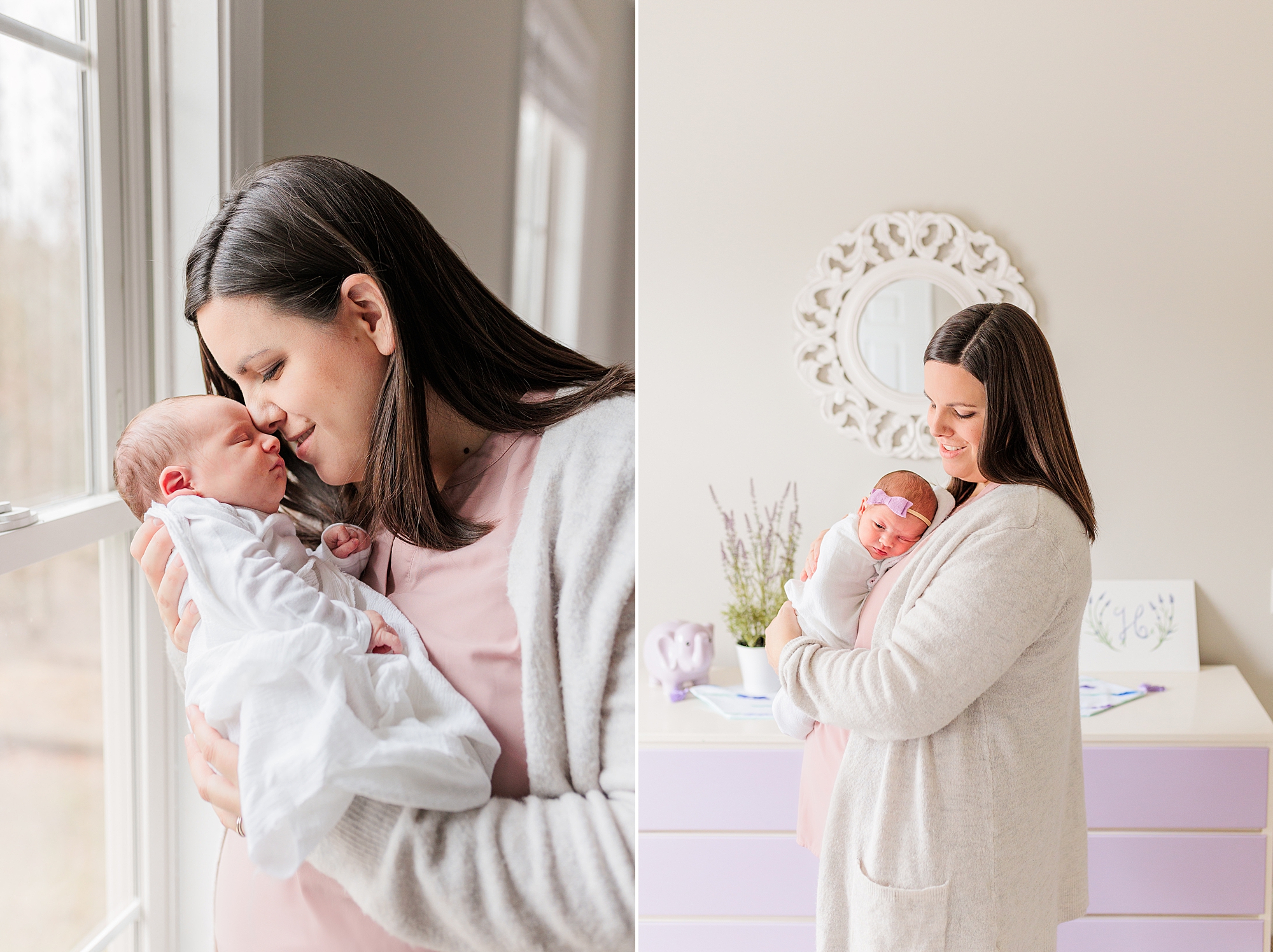 mom snuggles with new daughter in window of nursery during lifestyle newborn photos