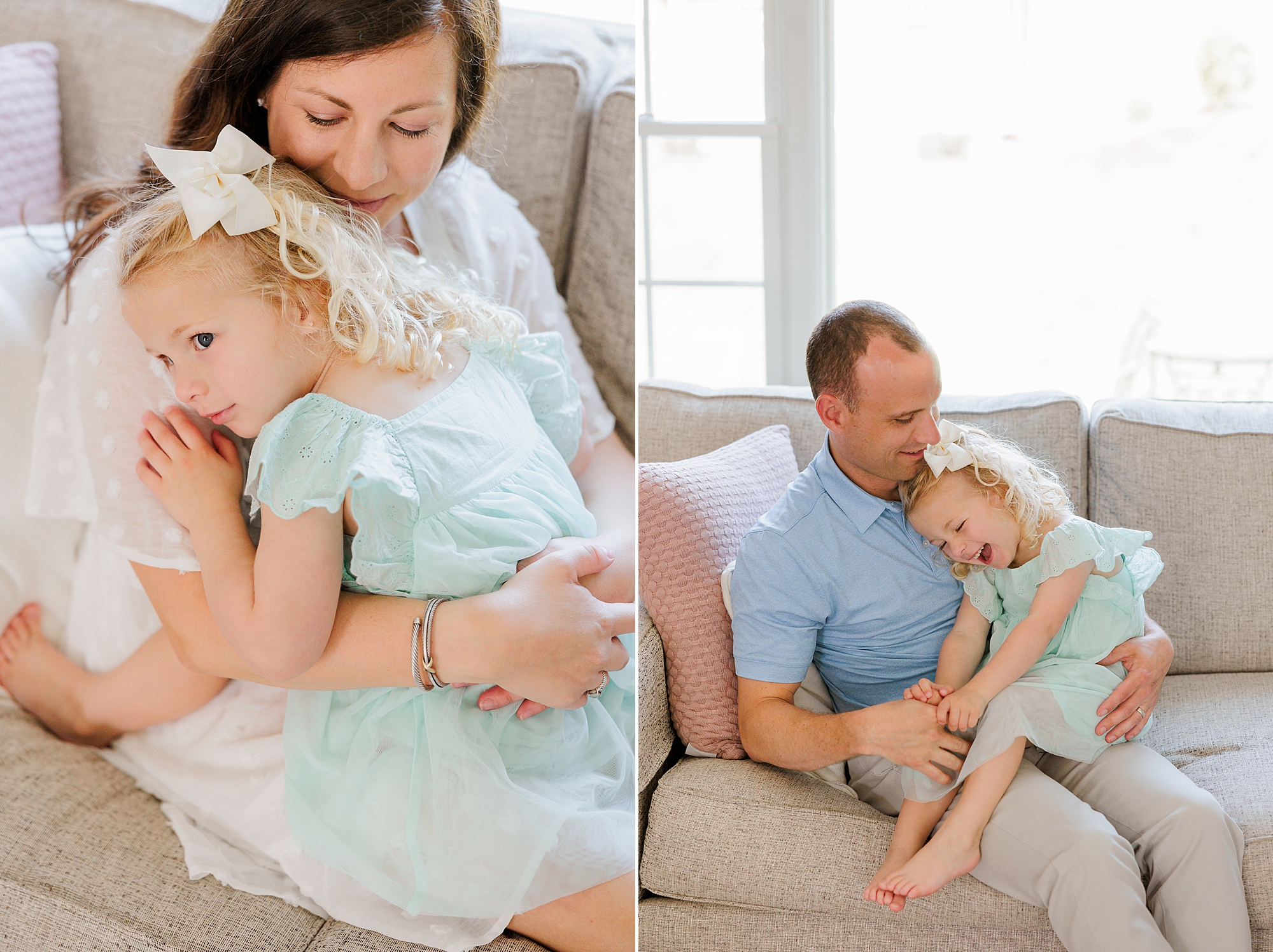 parents snuggle with toddler girl during lifestyle photos at home