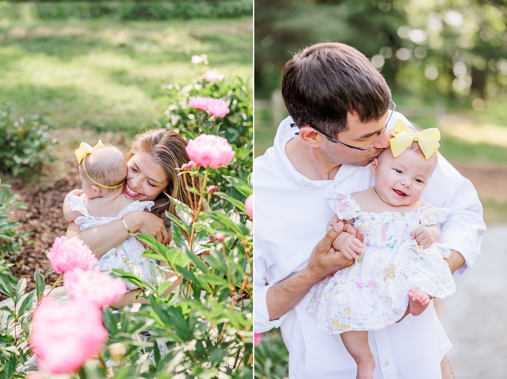 parents kiss baby with yellow bow during Seneca Creek Park parenthood portraits in peony field