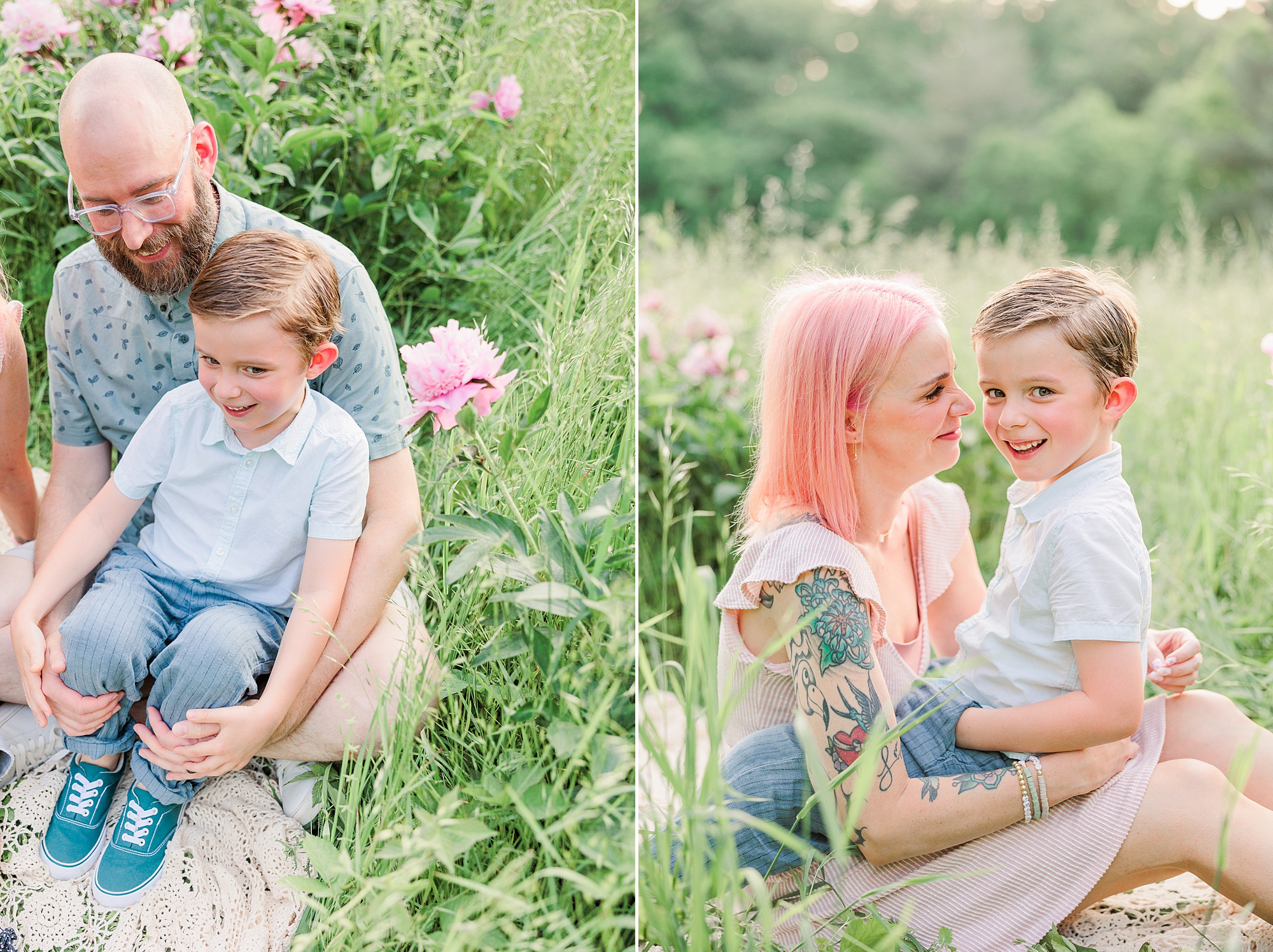 parents sit with boys on lap during family photos in Maryland 