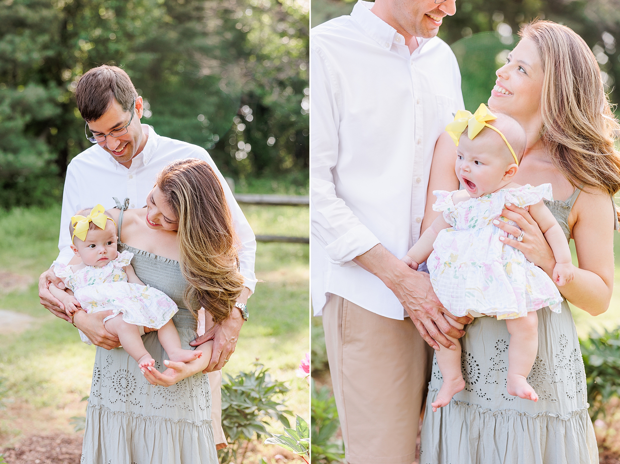 new parents smile together holding daughter during photos in peonies