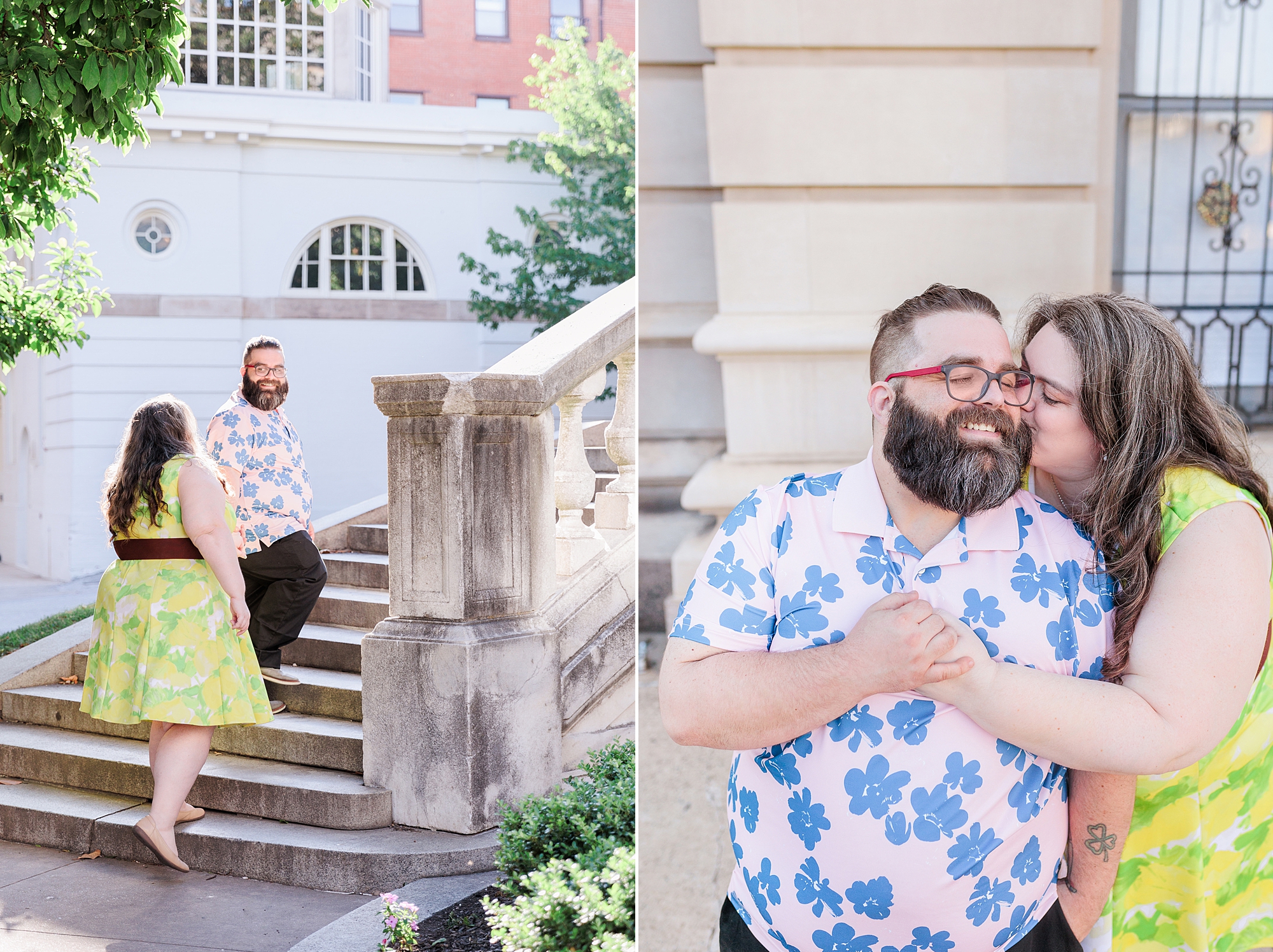 couple walks up steps of Mt. Vernon monument during Baltimore family portraits
