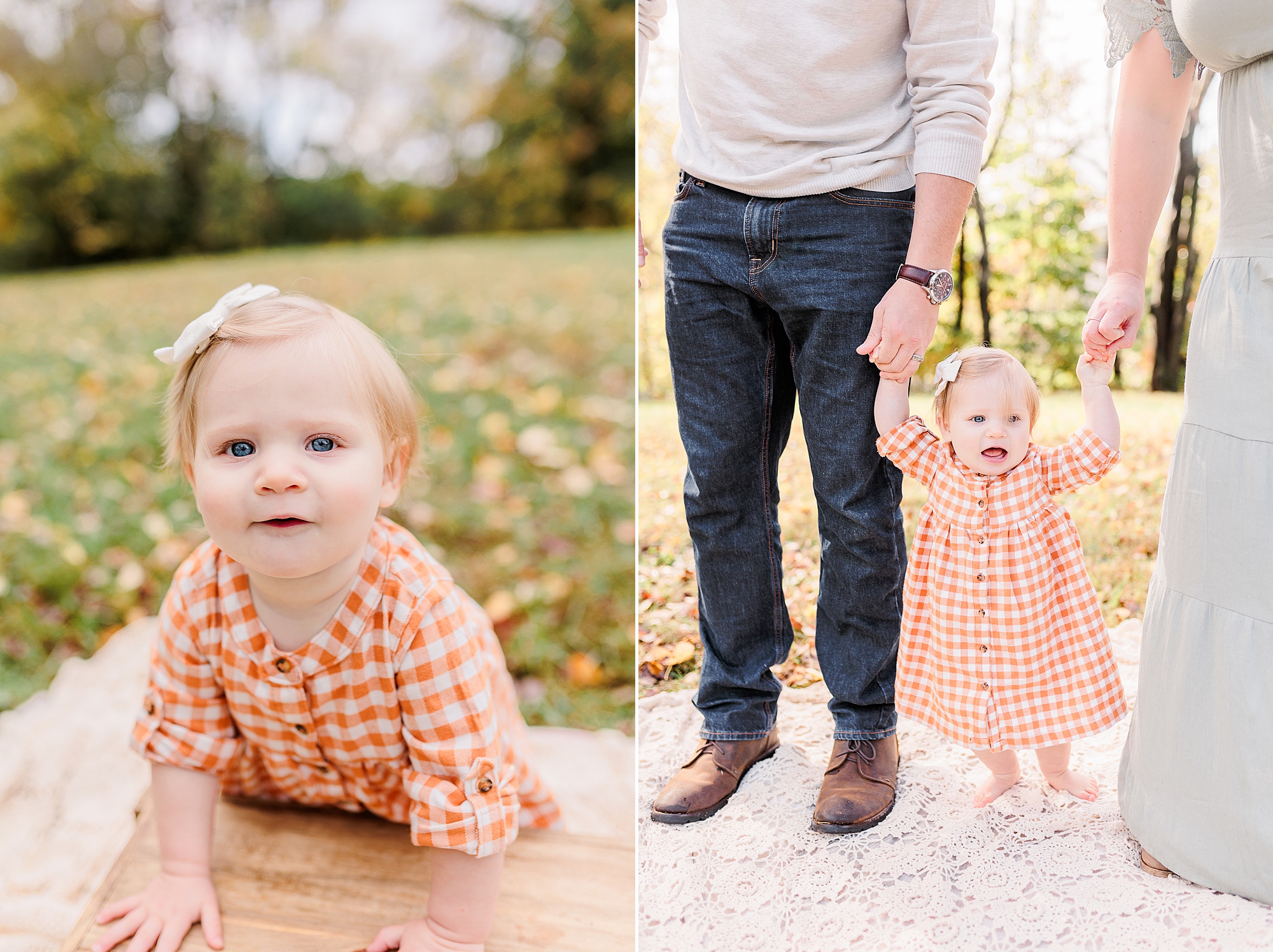 toddler plays with family during fall family photos