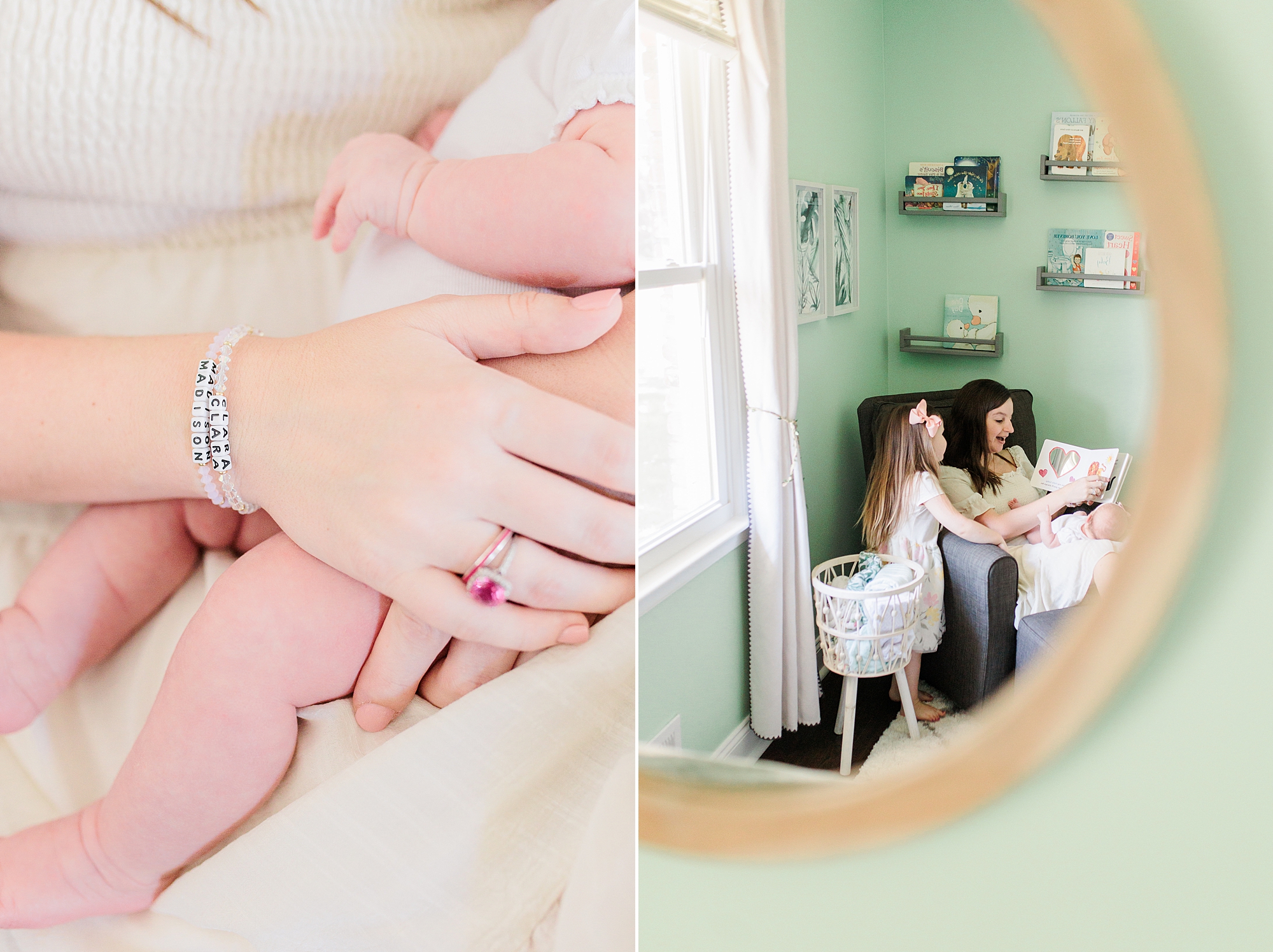 mom rocks baby girl during Annapolis MD lifestyle newborn session