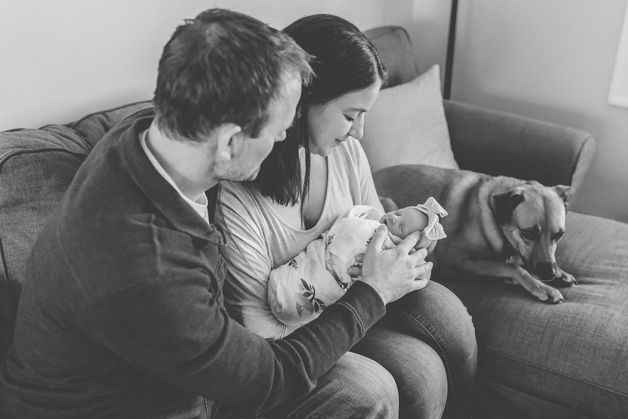 family of three sits on couch with puppy during lifestyle newborn photos