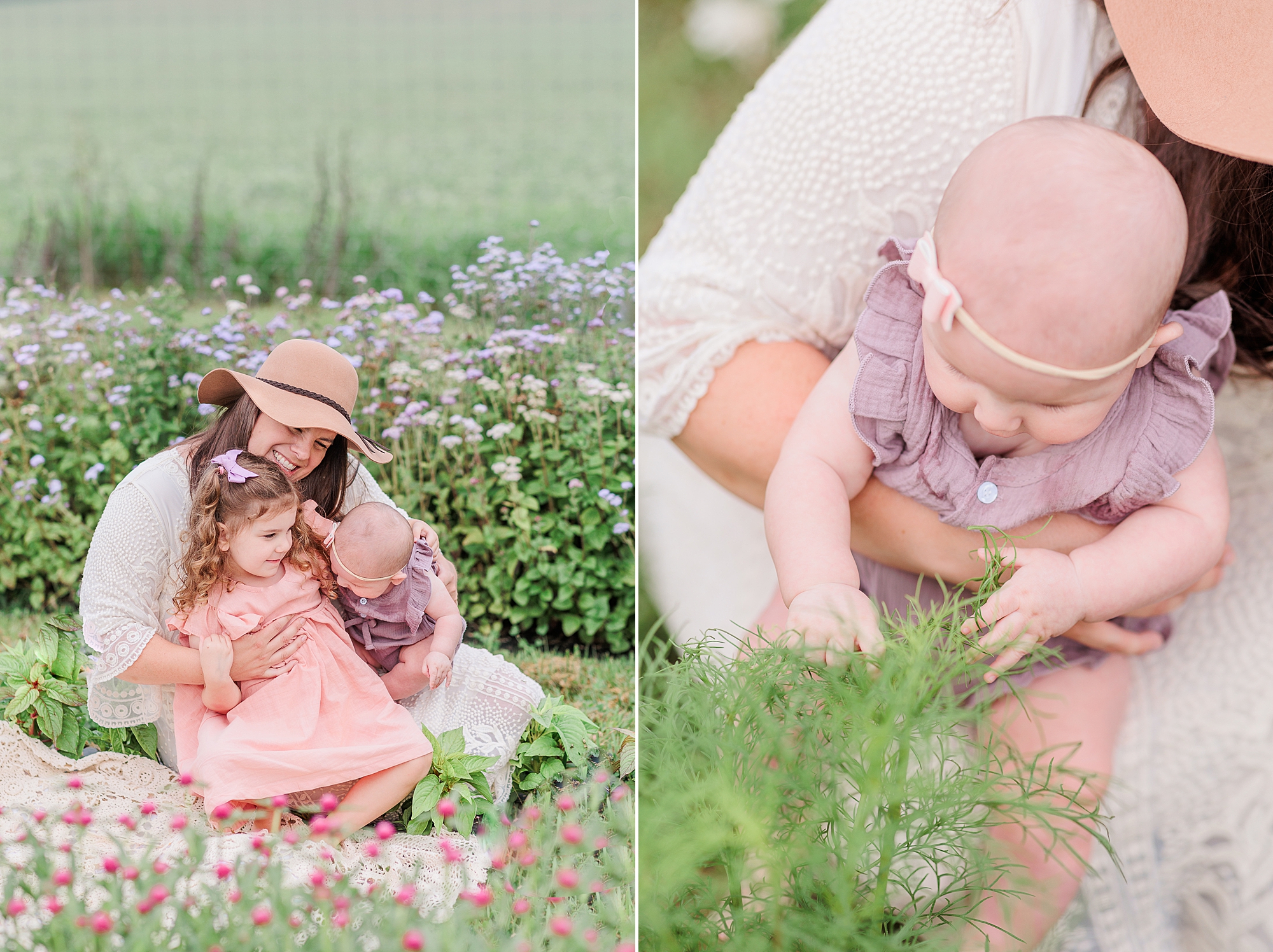 mom holds toddler and baby girl plays with wildflowers in Howard County MD