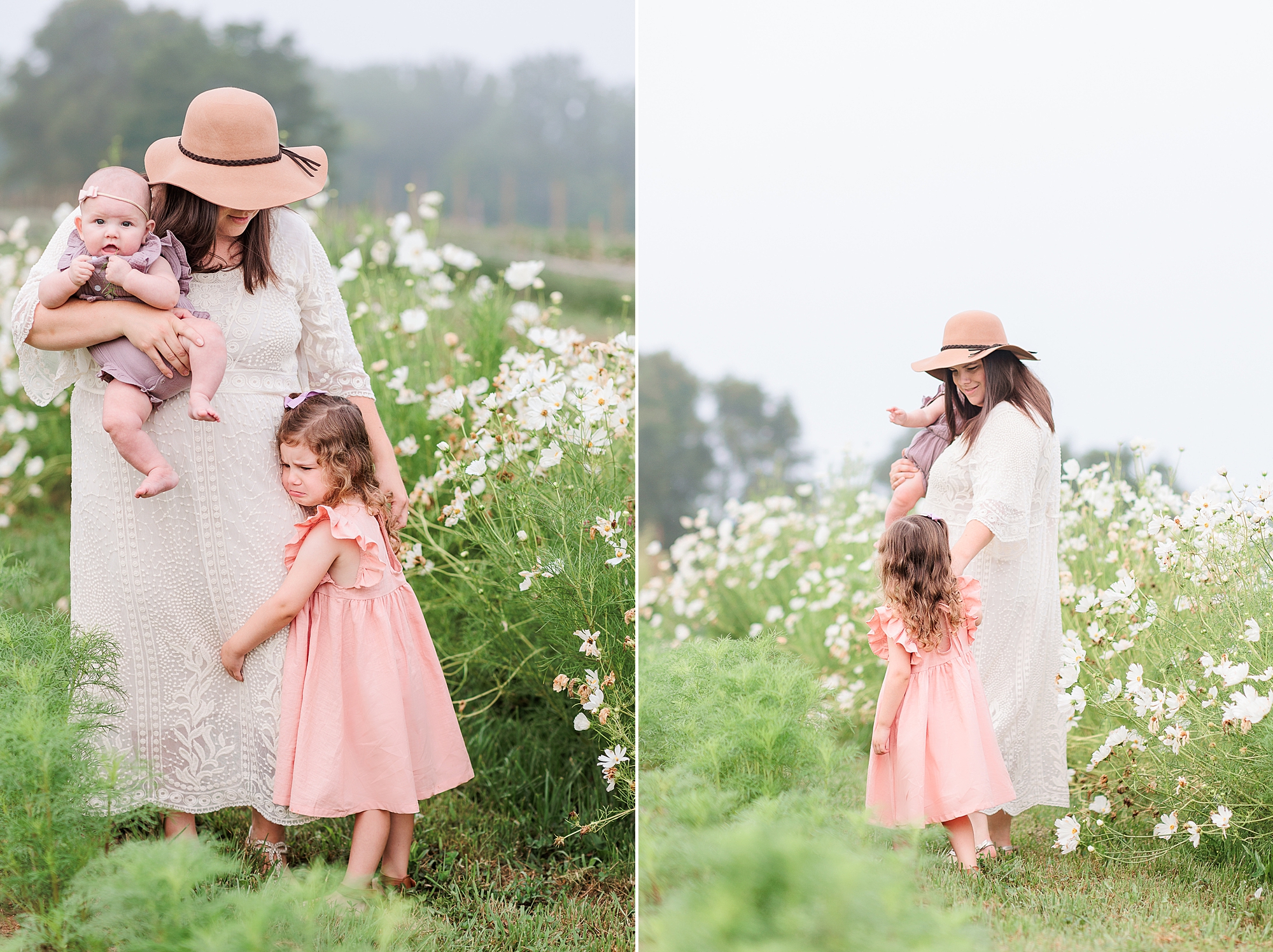mom and daughters pose in aisle of wildflowers at Castle Bridge Farm