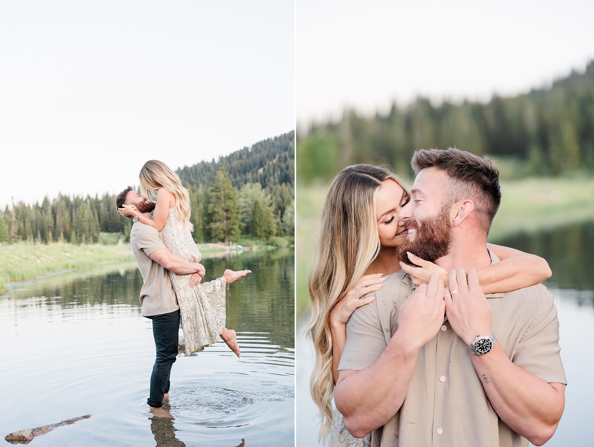 husband and wife kiss in Utah lake during portraits 