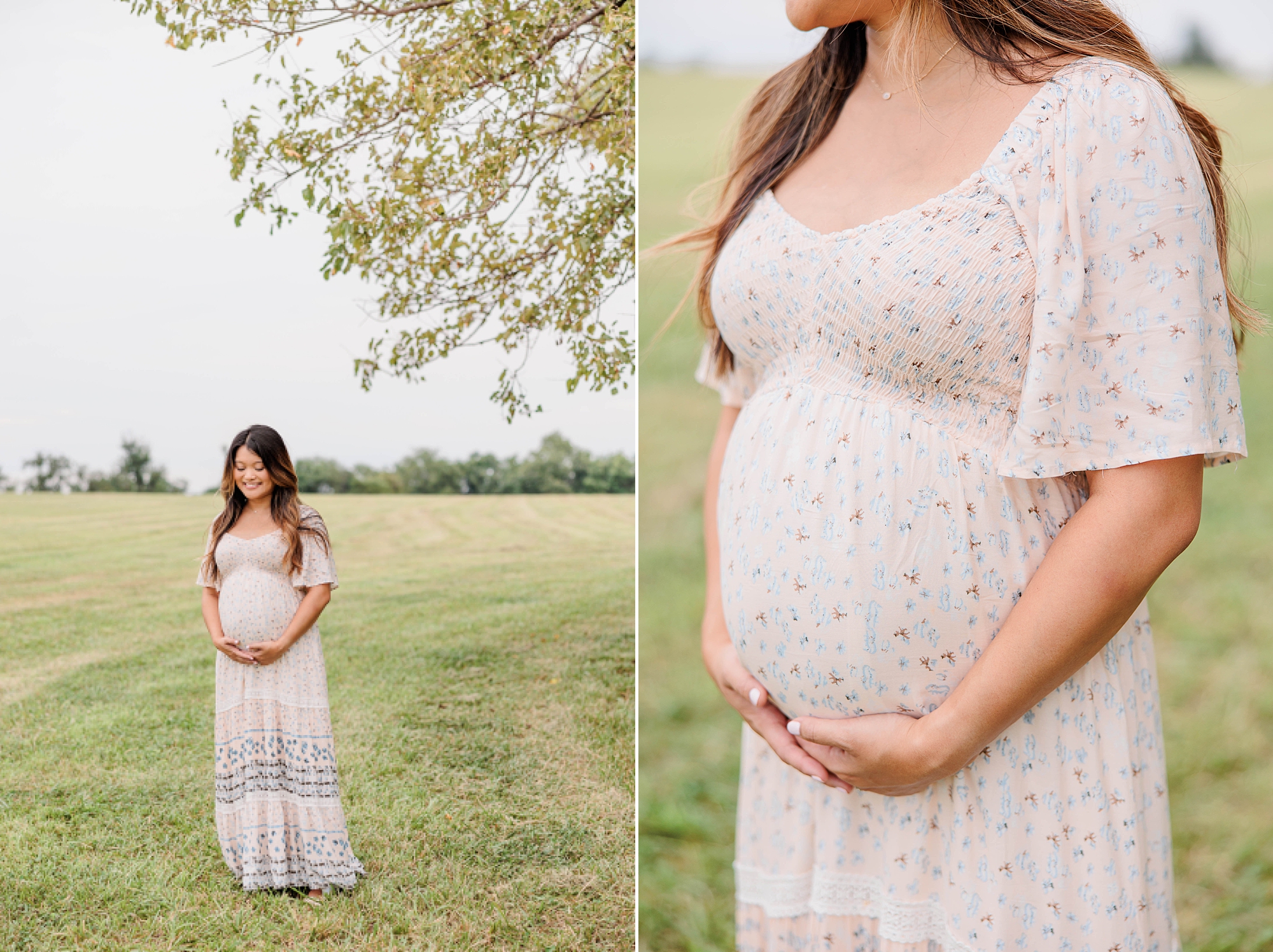 expecting mother holds baby bump in white dress