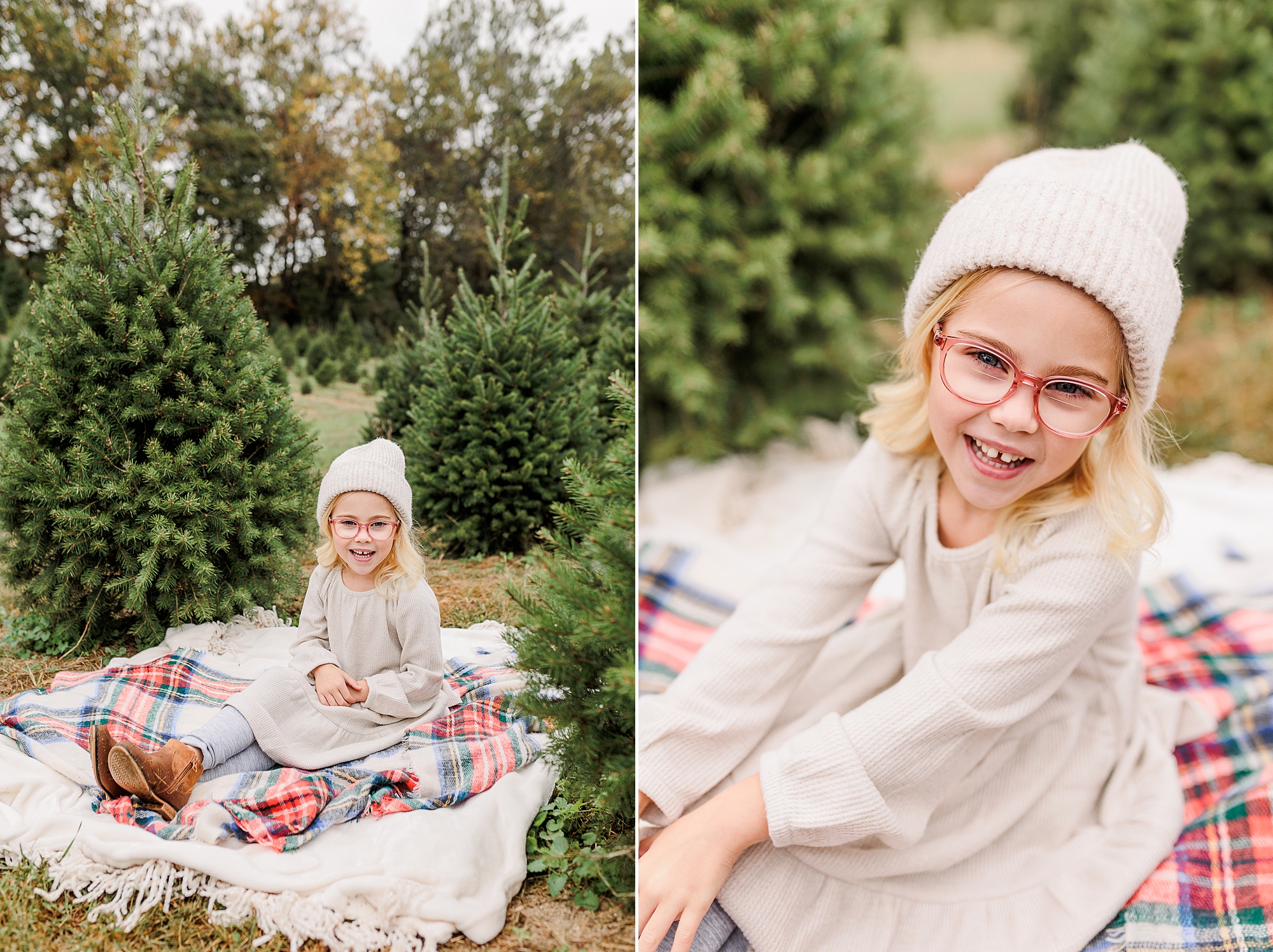 girl sits on plaid blanket during Christmas tree farm portraits 