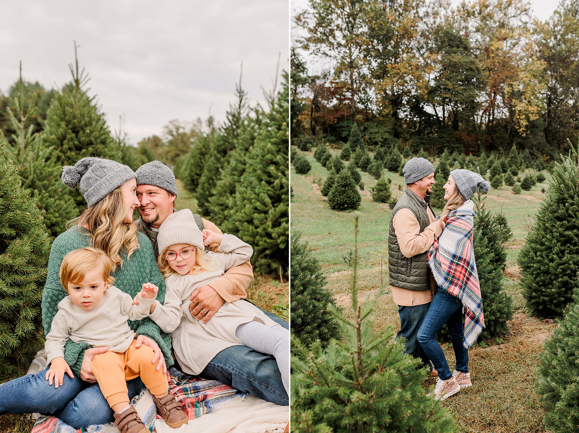 parents snuggle with kids and hug in blanket during Christmas tree farm portraits