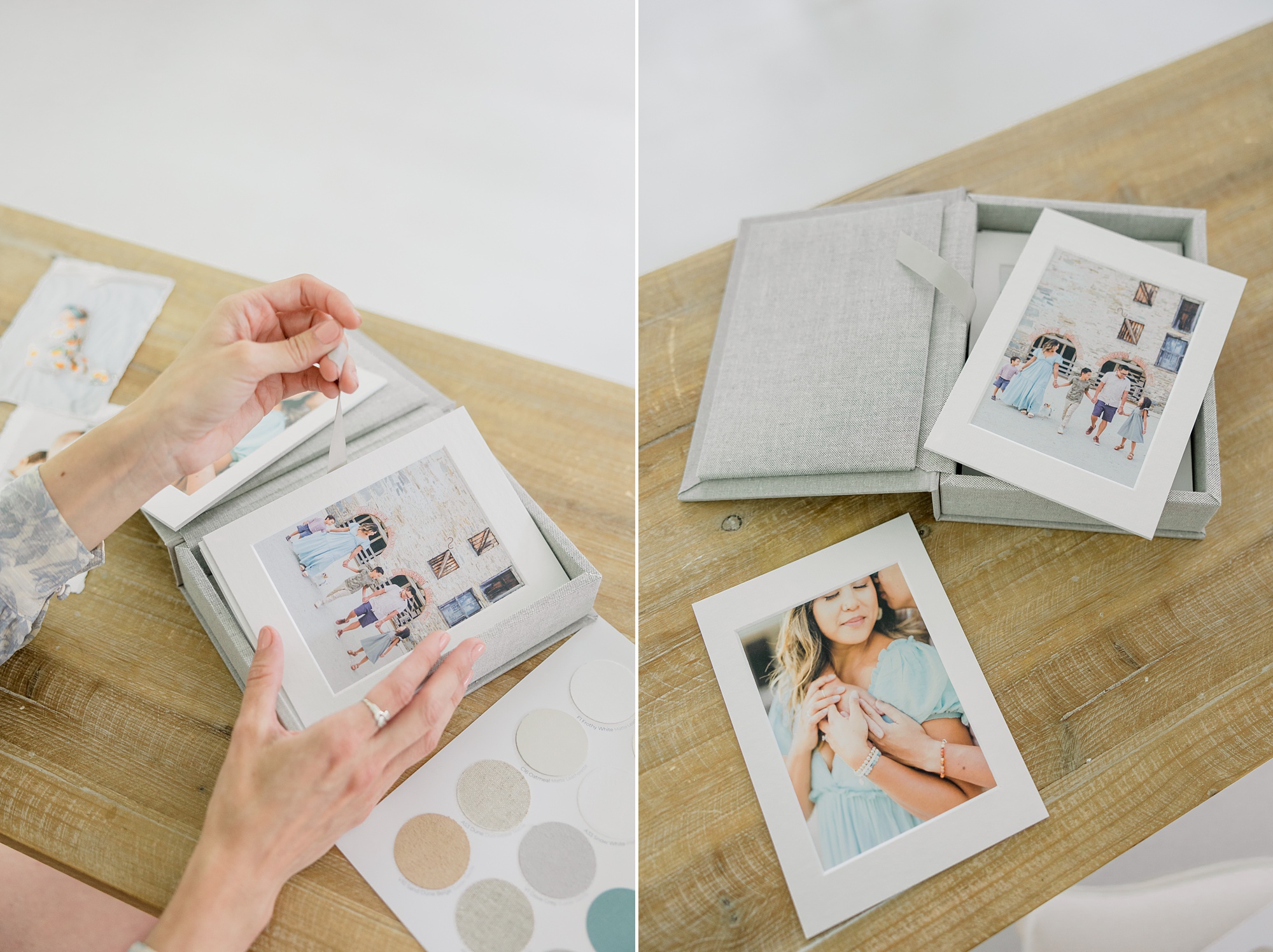 matte photo display cards in linen boxes