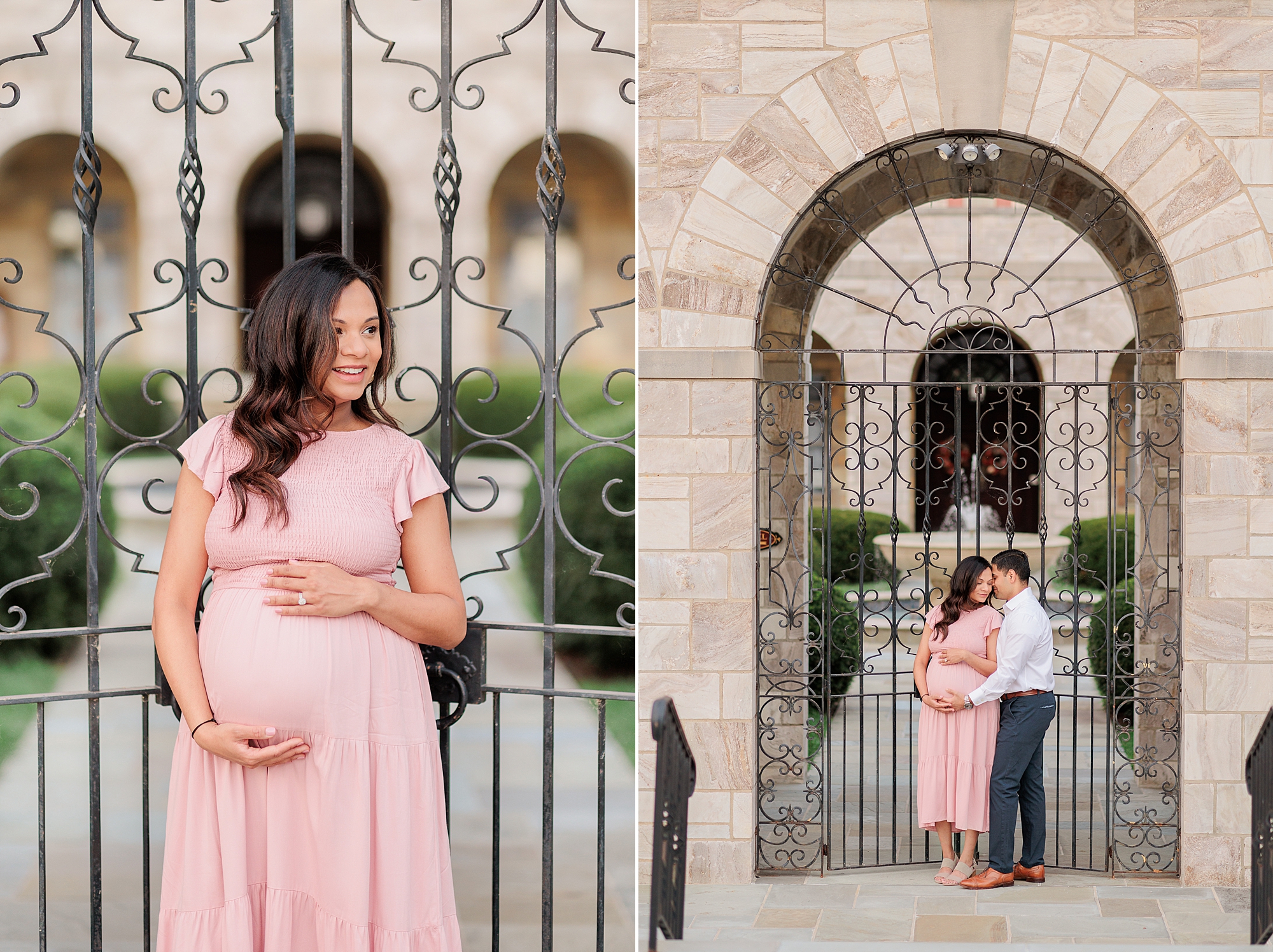 mother-to-be stands holding baby bump in pink dress at Shrine of St. Anthony