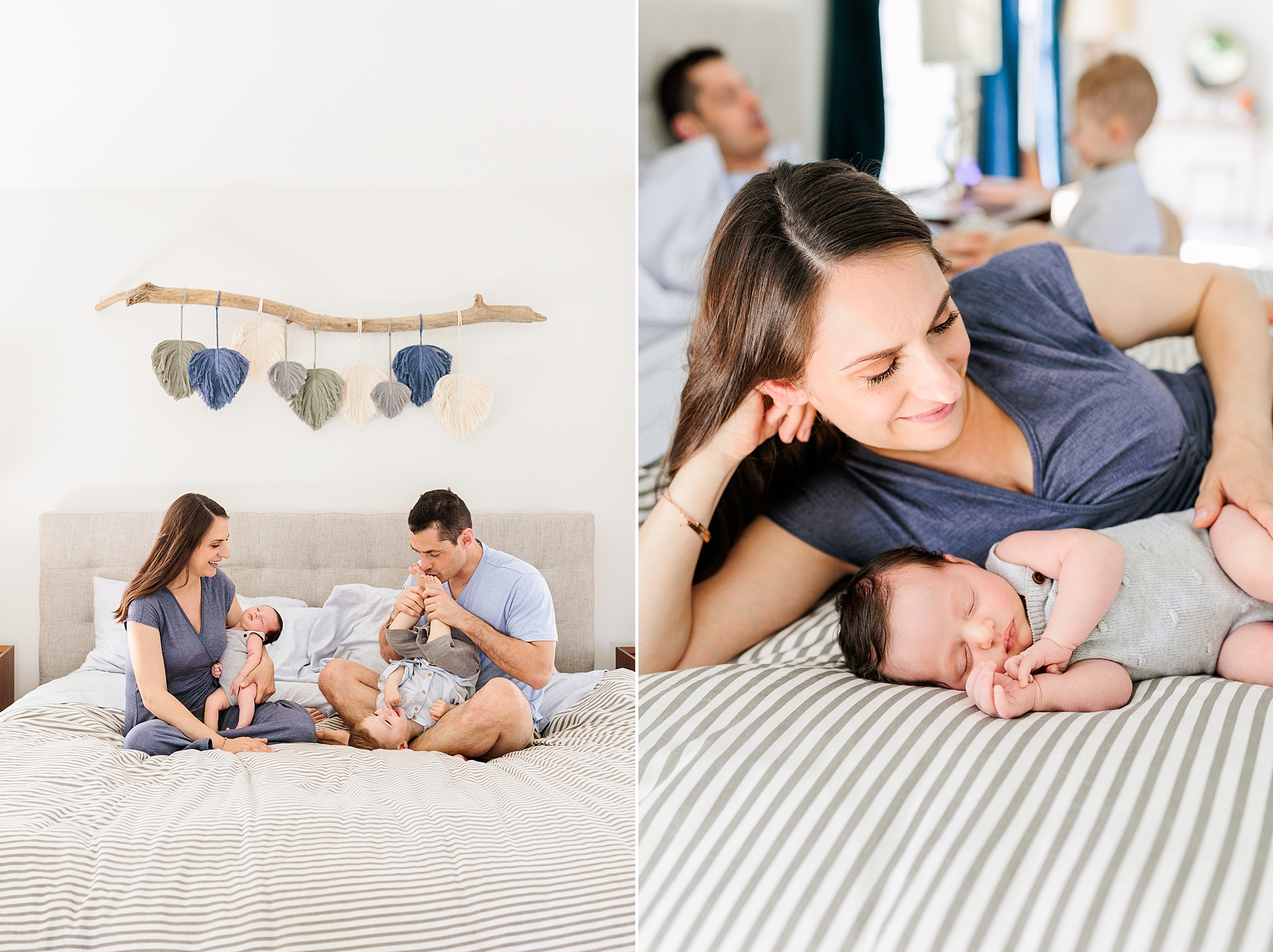 mom lays on bed with daughter during Clarksville MD lifestyle newborn session