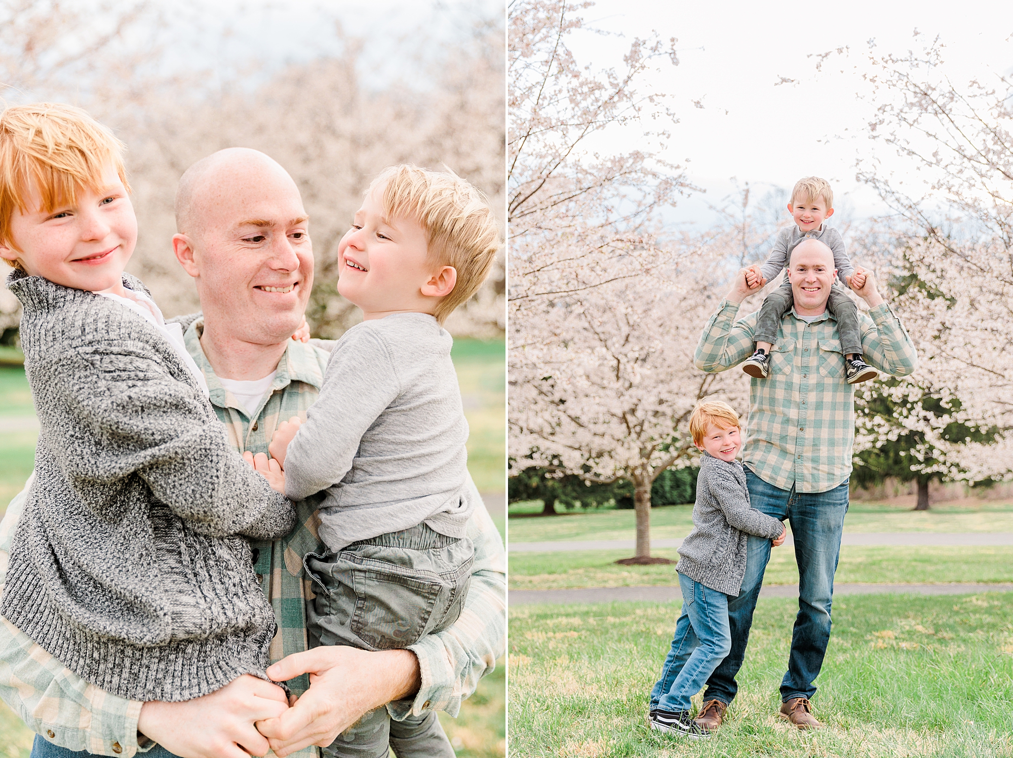 dad plays with sons during Howard County family portraits in the spring