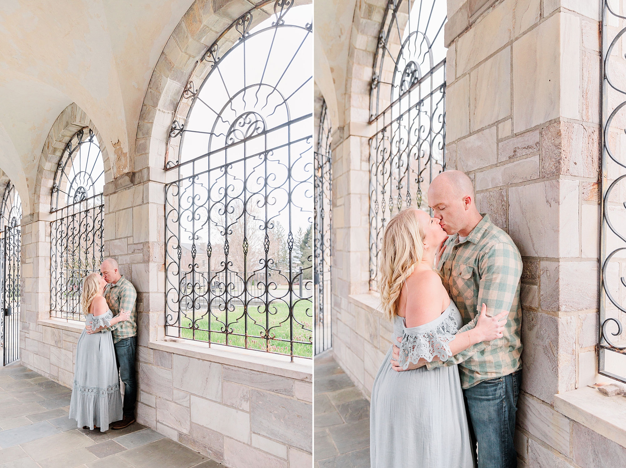 husband and wife lean against stone fence along Howard County building 