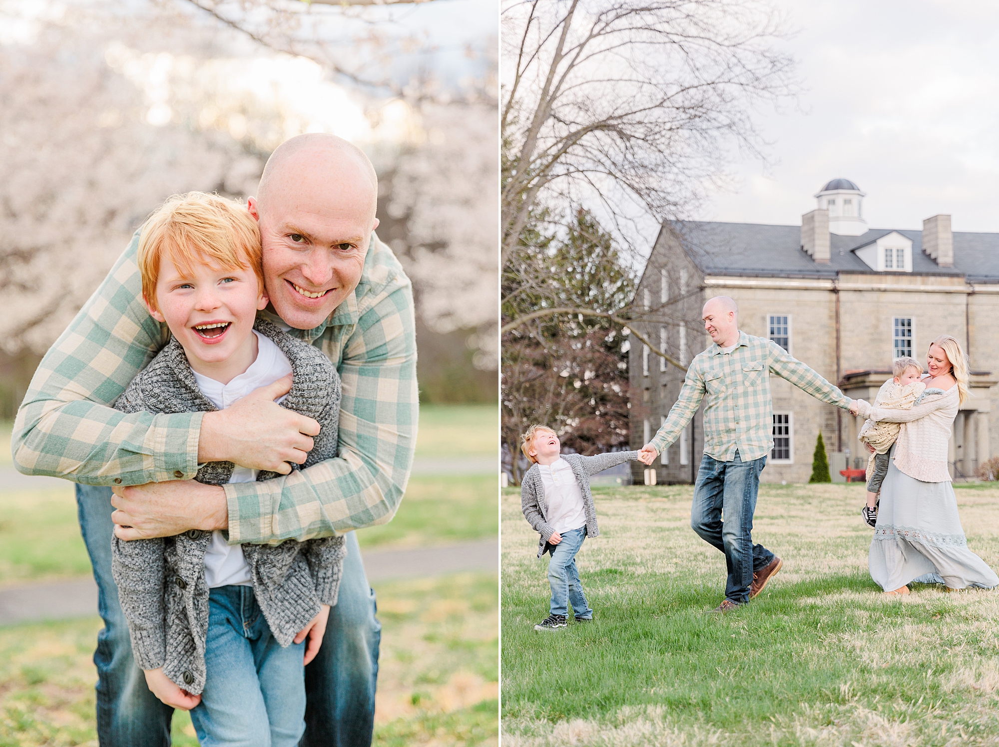 dad hugs son from behind during family portraits in Howard County MD