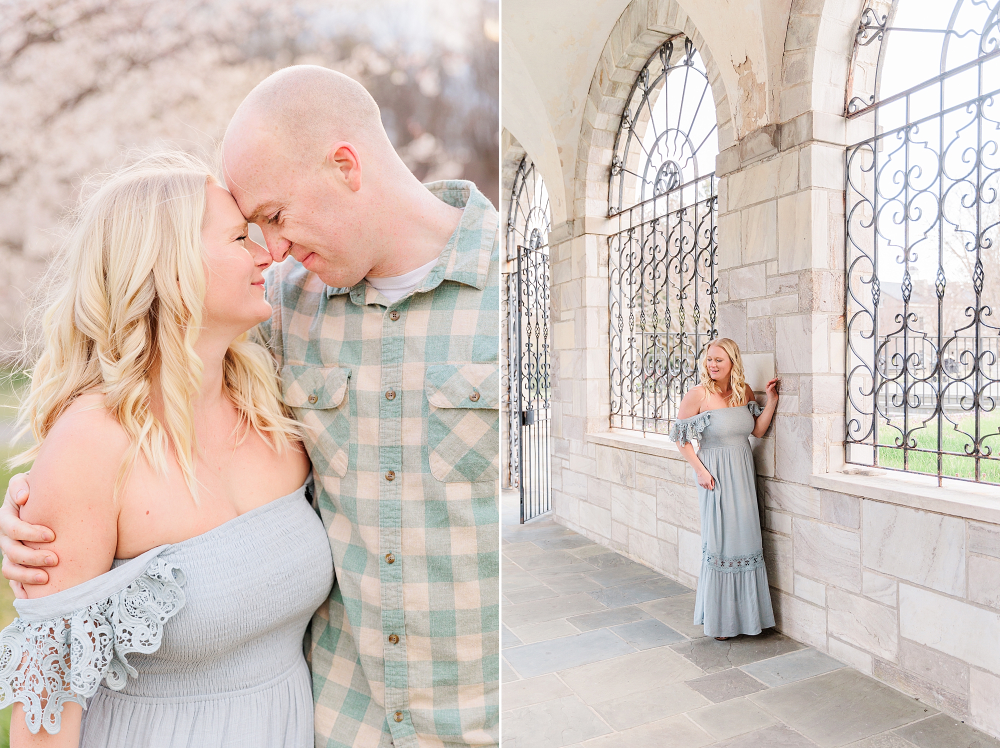 husband and wife lean heads together during Howard County family portraits