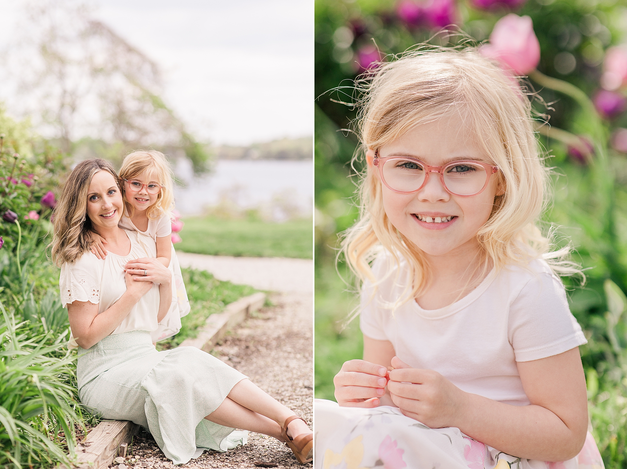 girl plays with pink flowers during family photos