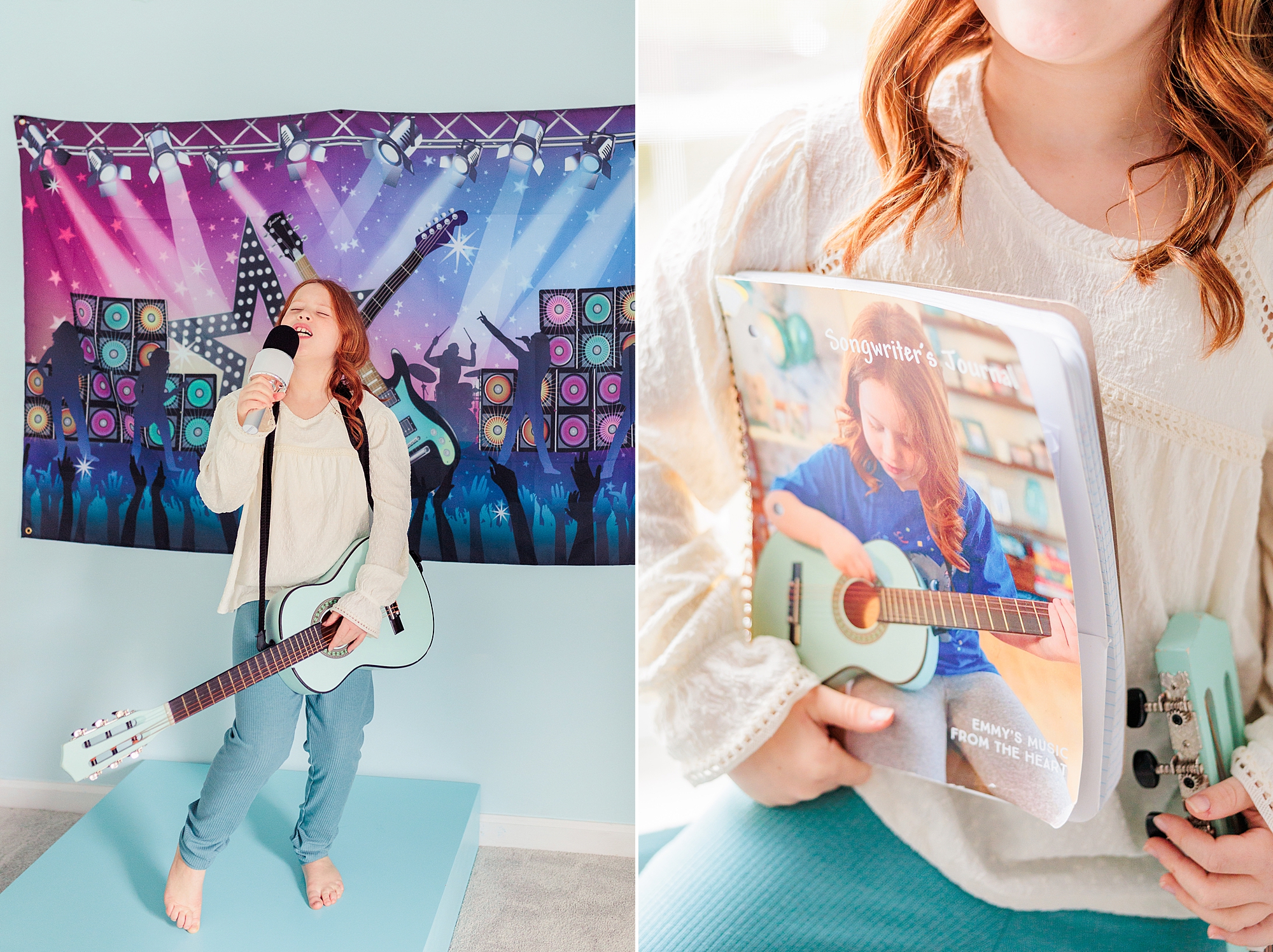 girl plays guitar in room and reads a magazine 