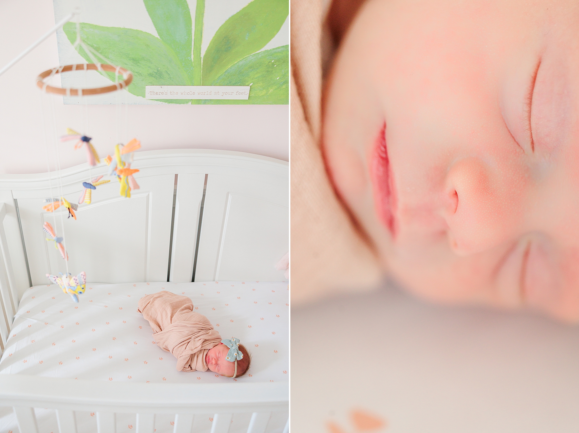 baby girl sleeps in nature inspired nursery