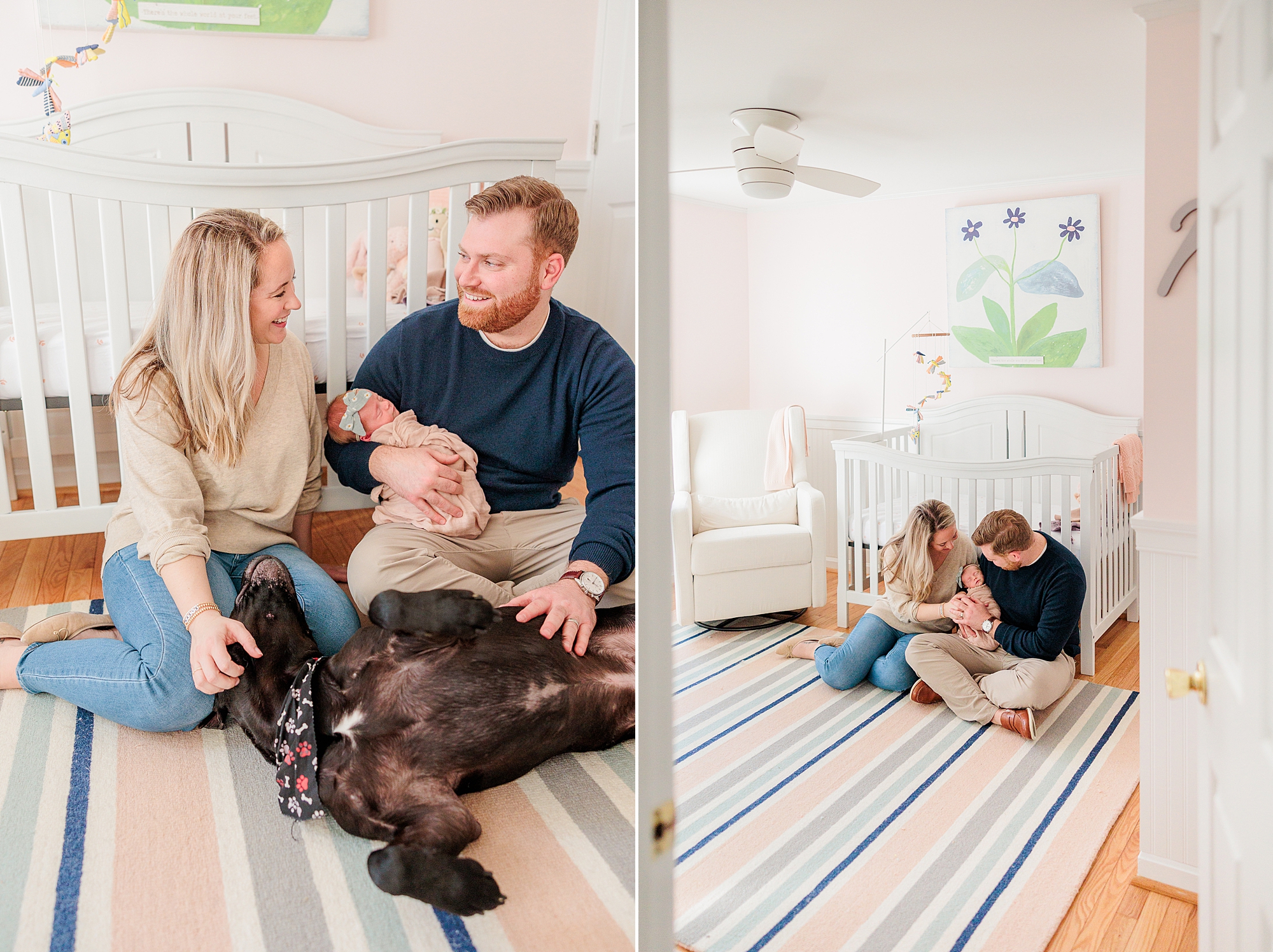 new parents smile while holding daughter and petting dog in nature inspired nursery