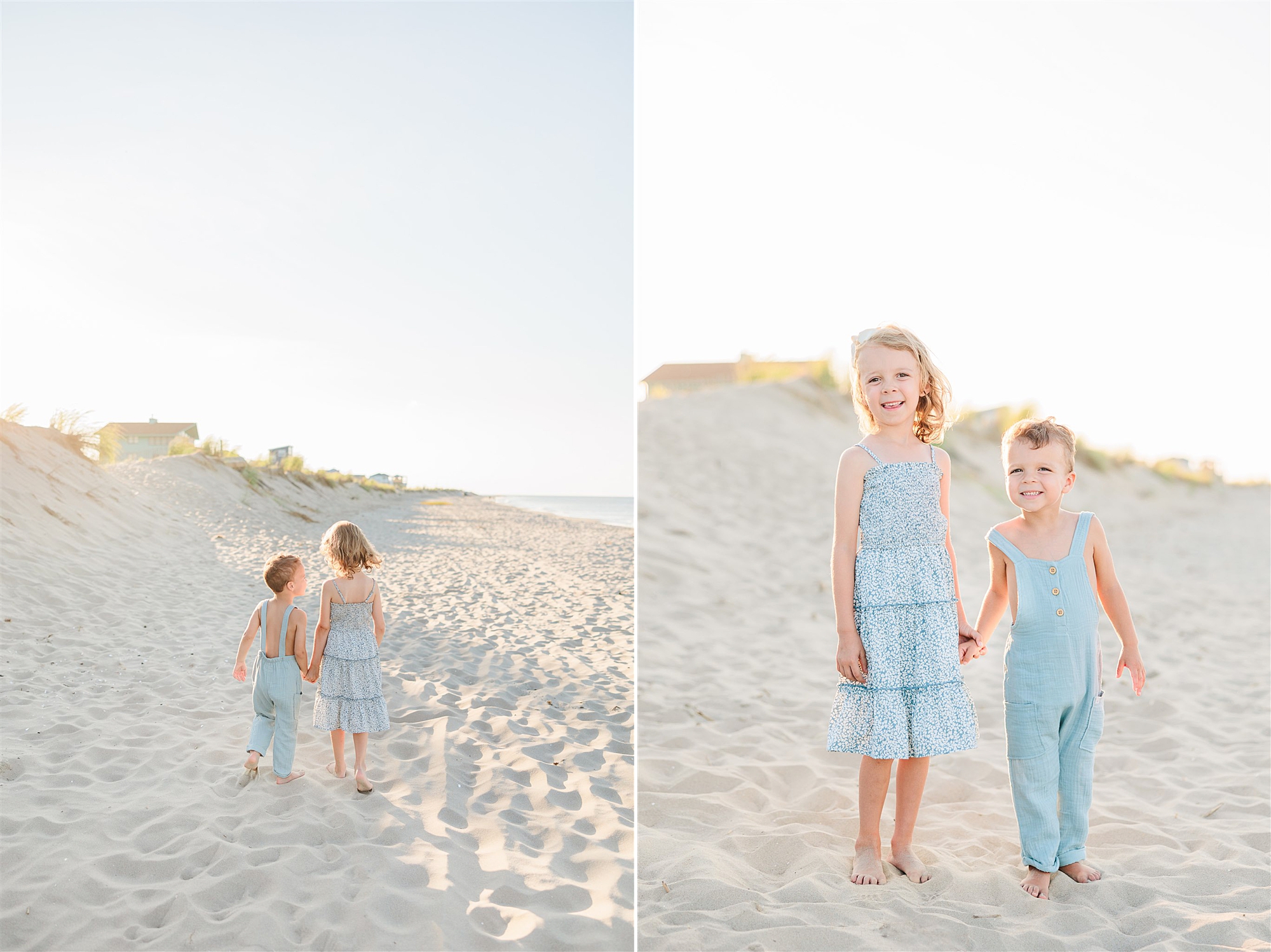 siblings in blue outfits run across Delaware Beach