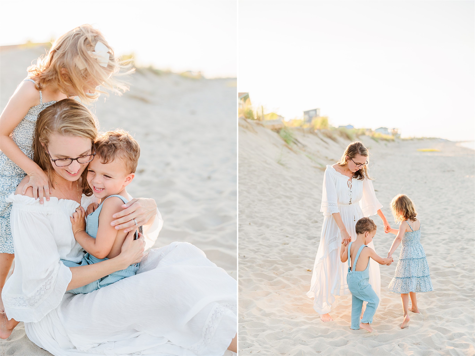 kids hug mom in white dress on Delaware Beach and run in circle with her 
