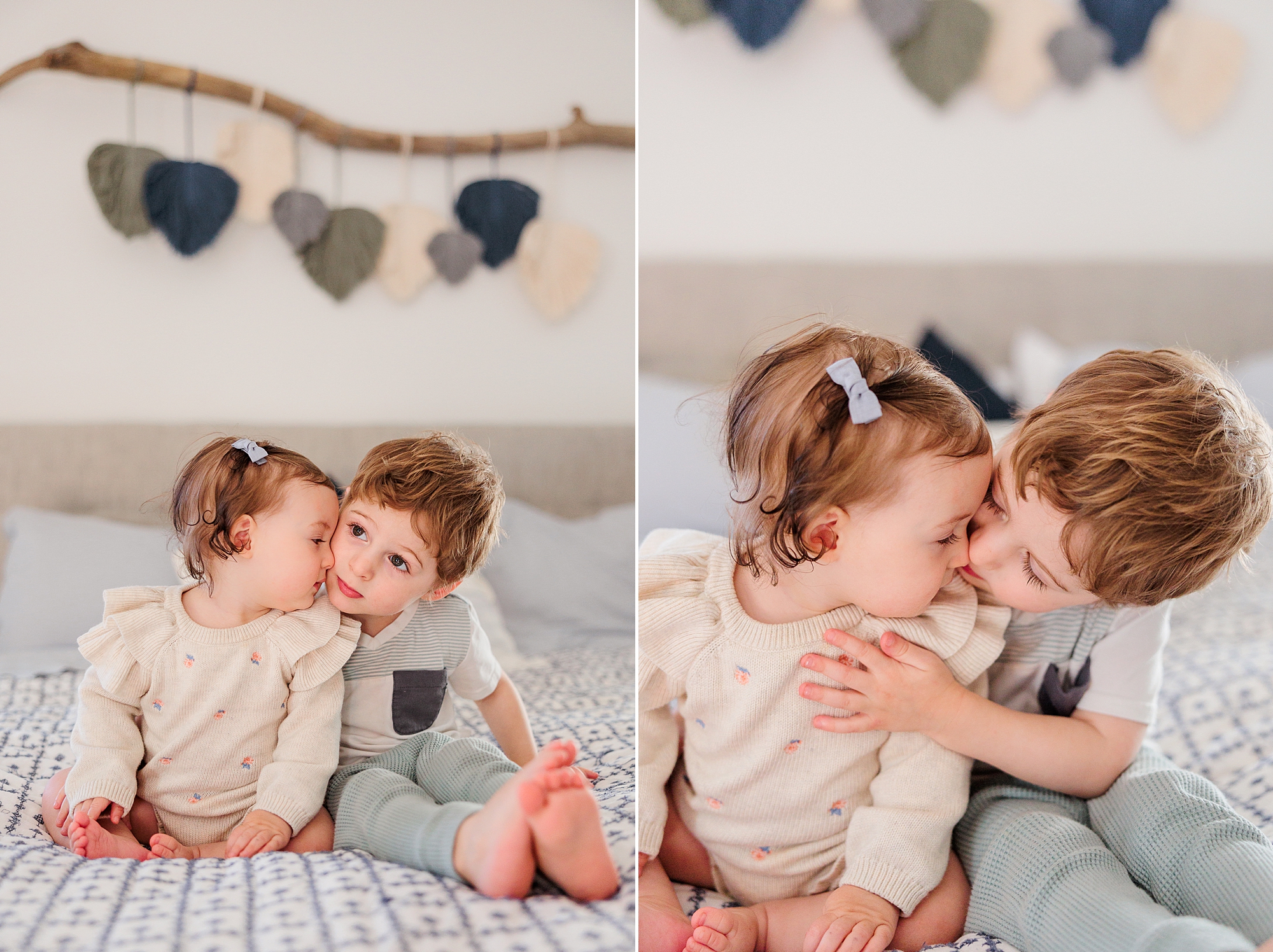 siblings cuddle on bed during extended family session in Bethesda, Maryland 