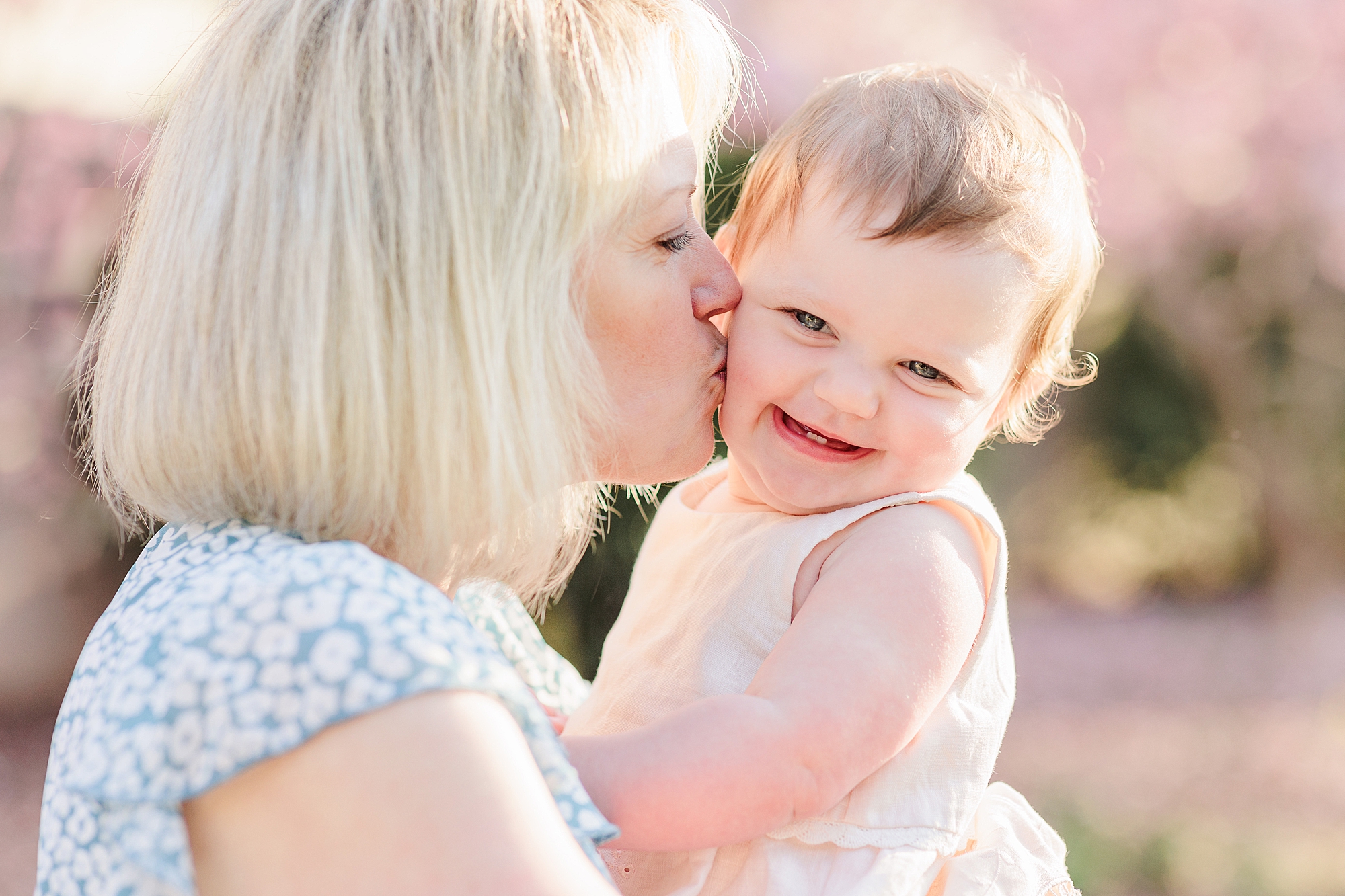 mom kisses baby girl on cheek during family photos by cherry blossoms