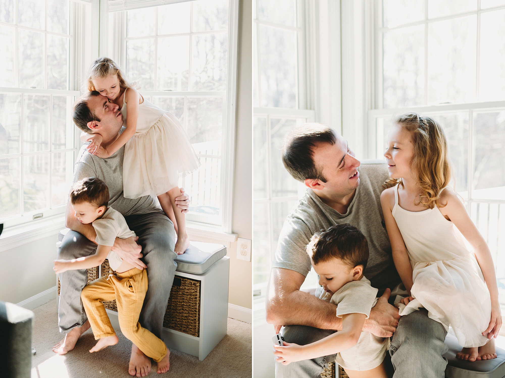 dad plays with kids by window during Maryland lifestyle family photos