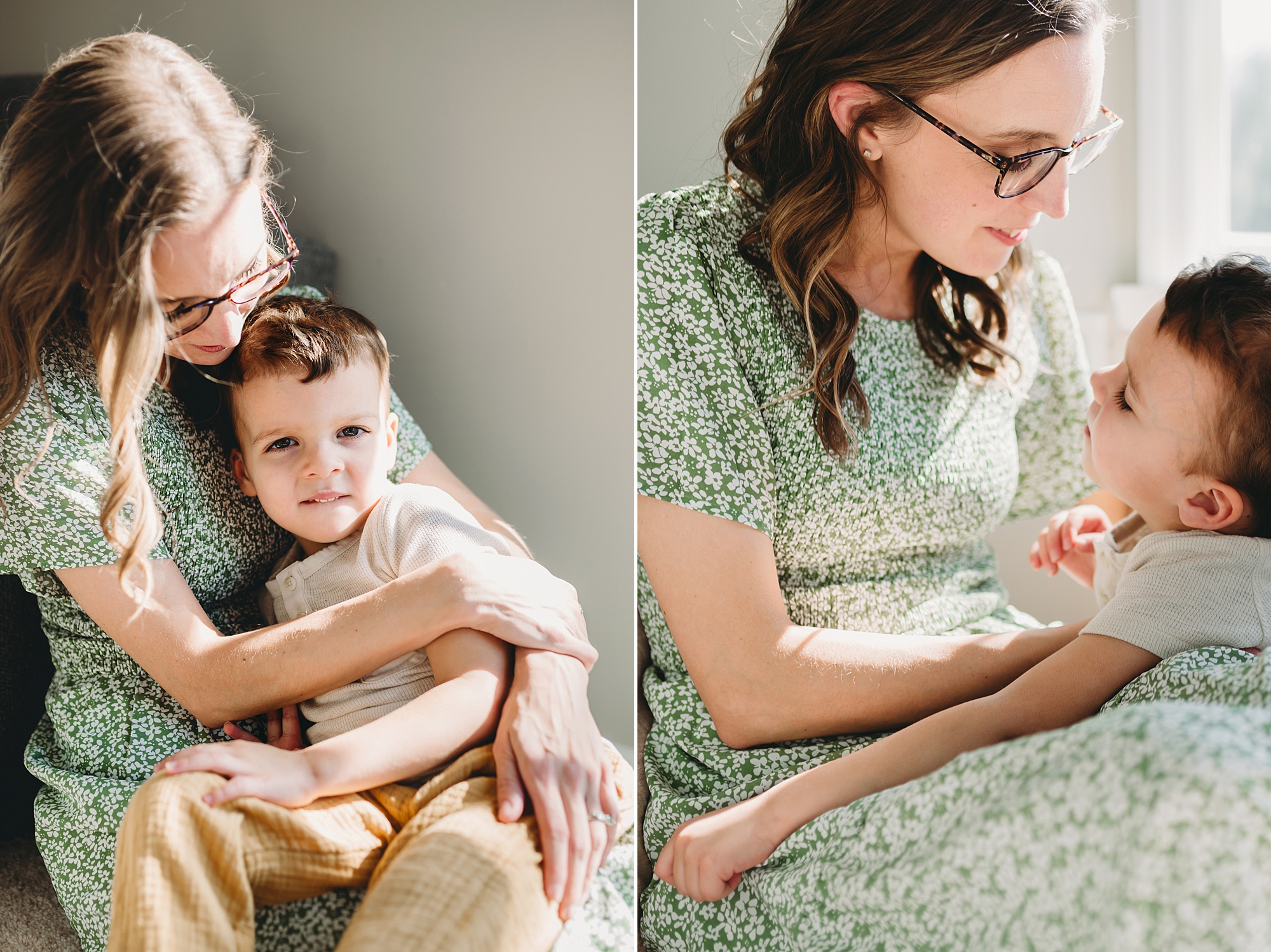 mom and son hug by open window during Maryland lifestyle family photos