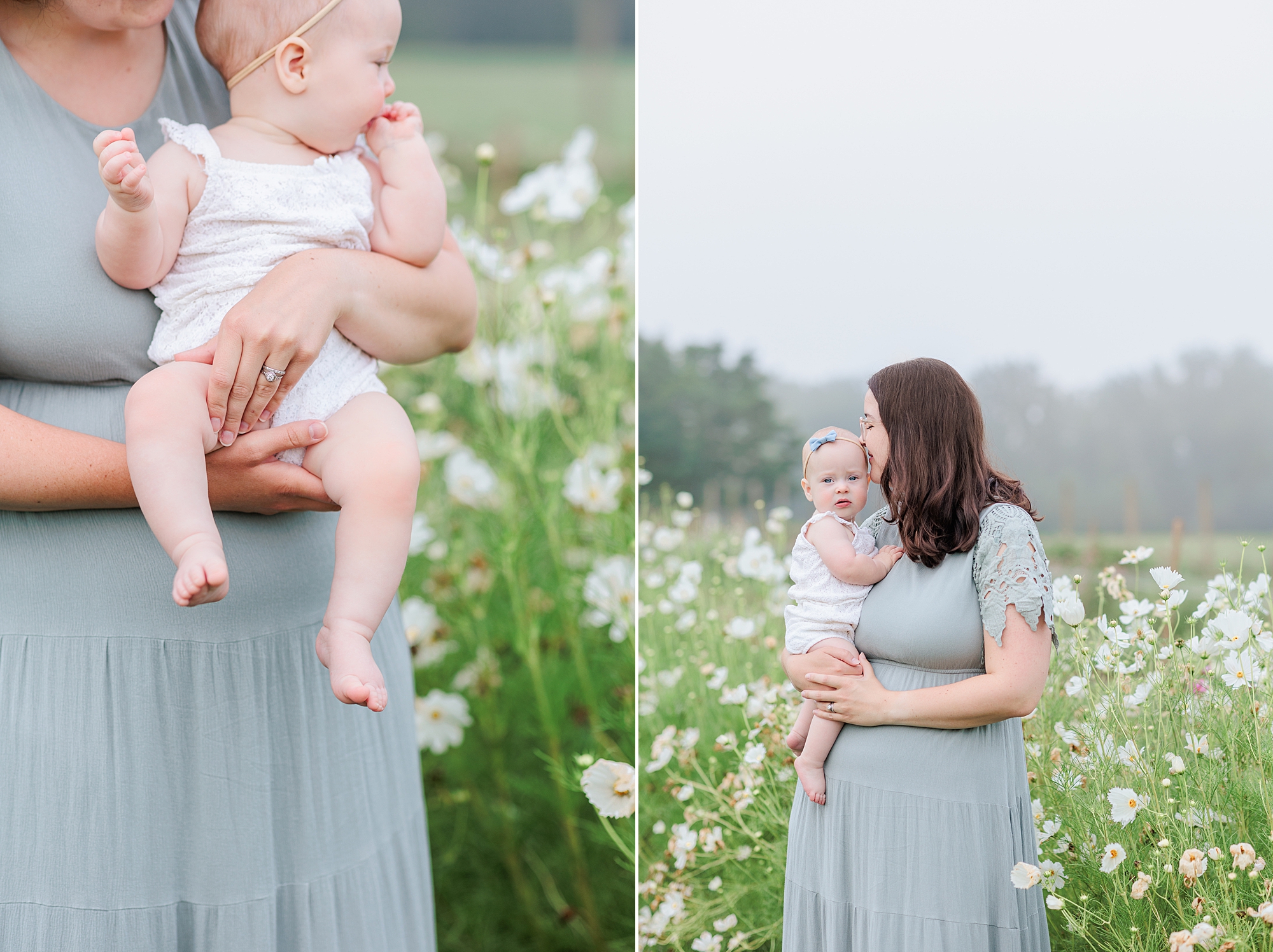 mom stands among wildflowers holding daughter 