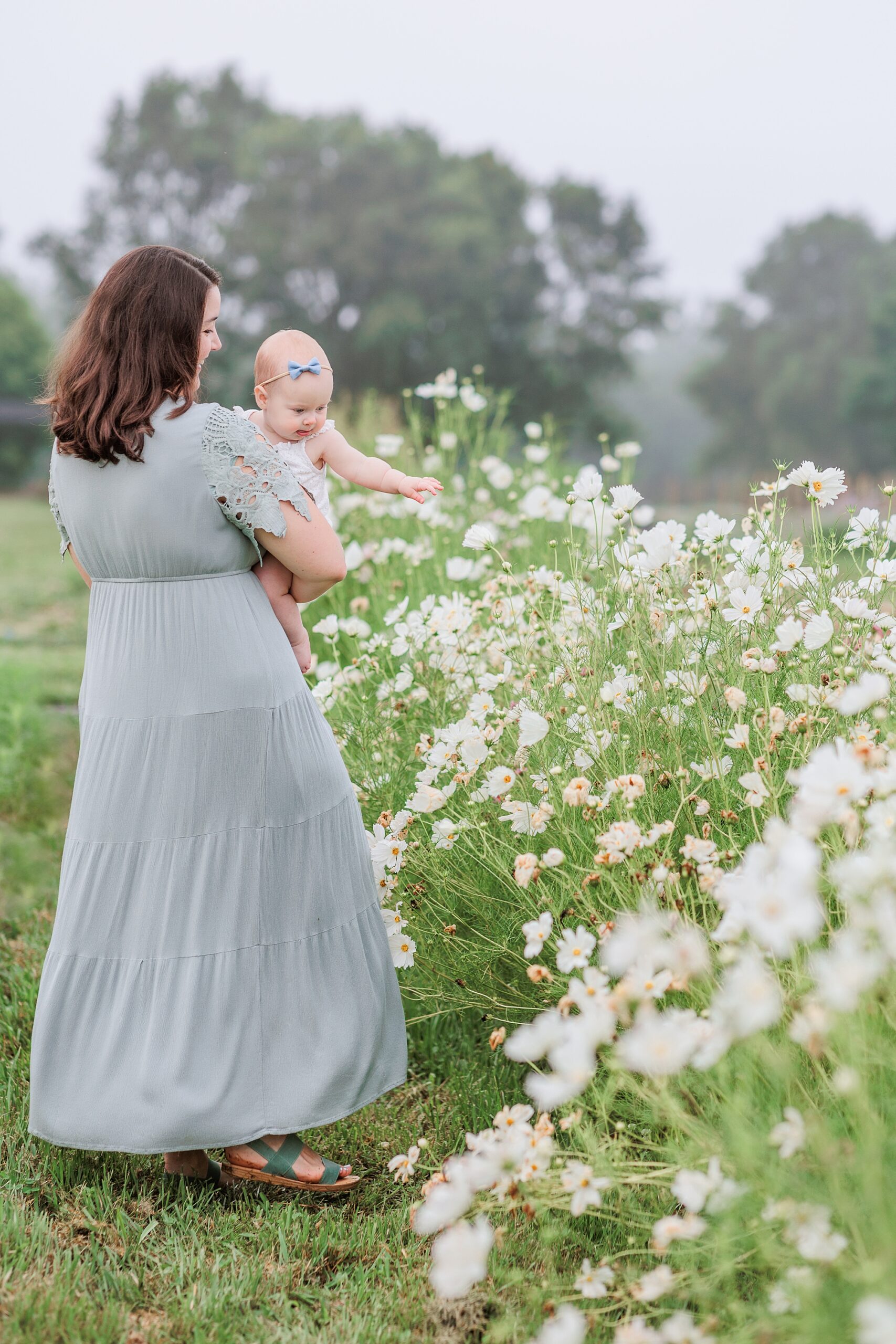 mom walks down row of wildflowers with toddler on hip