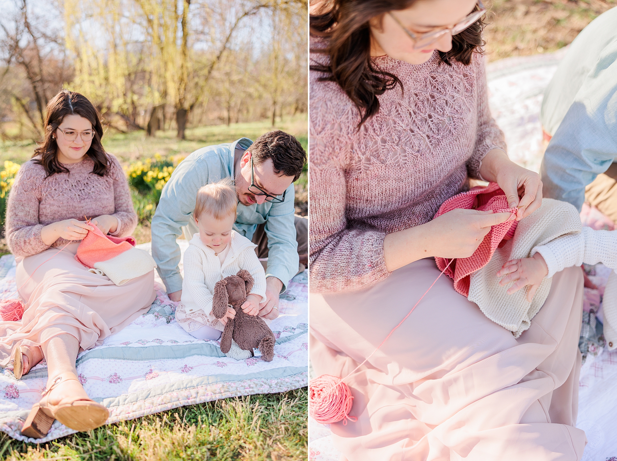 woman in pink maternity gown sits on lawn and knits baby sweater 