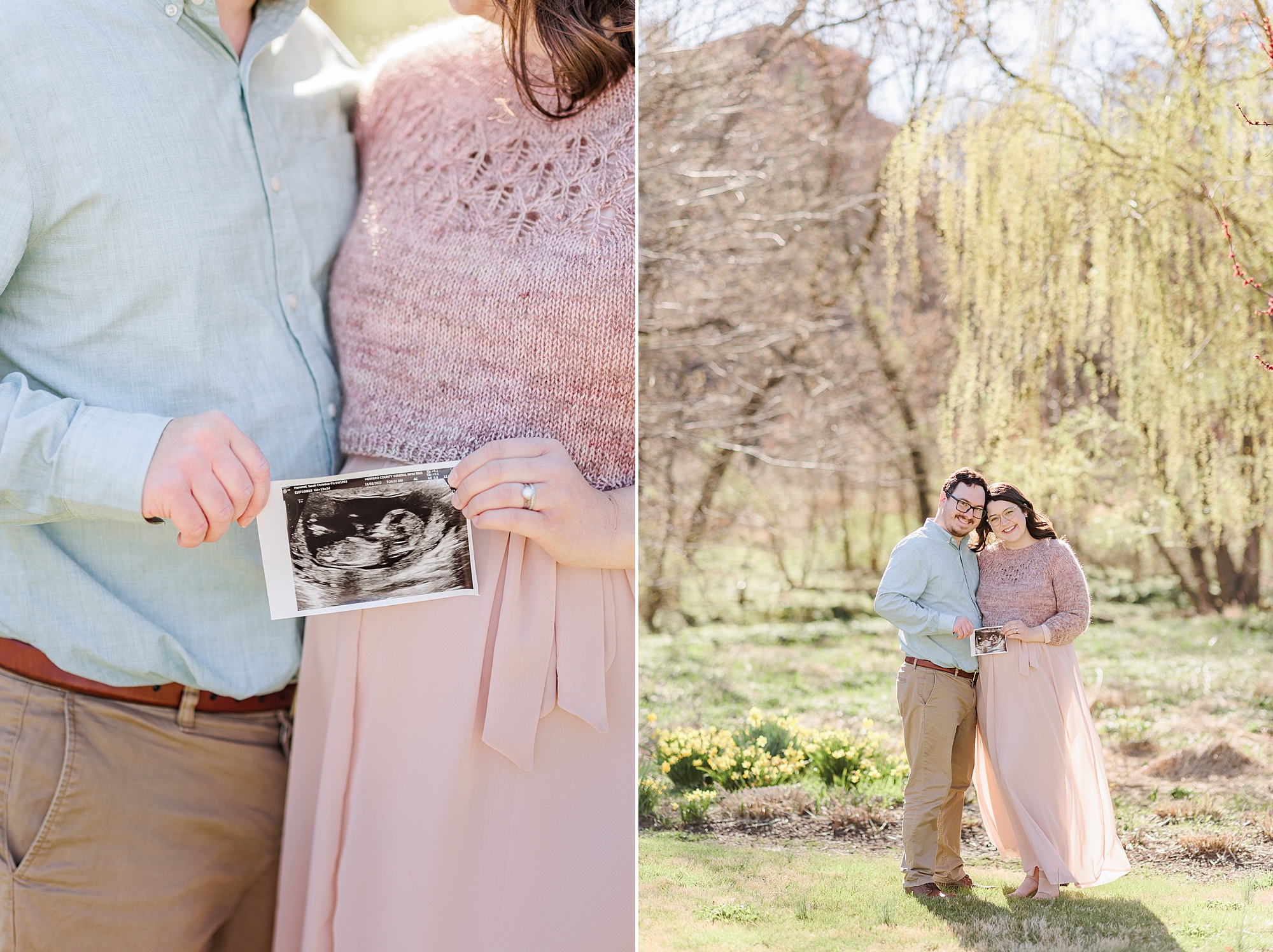 expecting parents hold sonogram in front of pink dress 