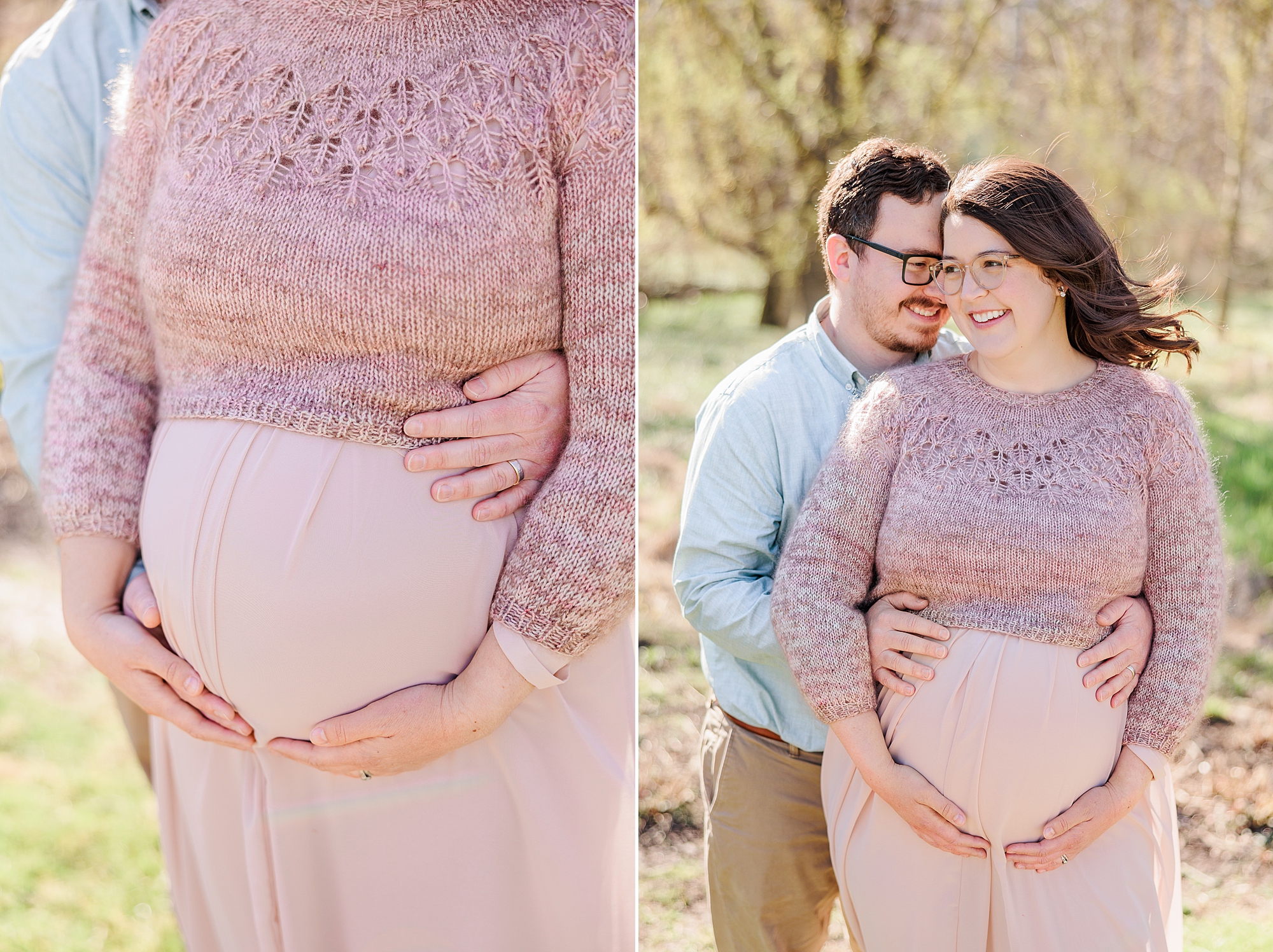mom holds baby bump while husband hugs her from behind 