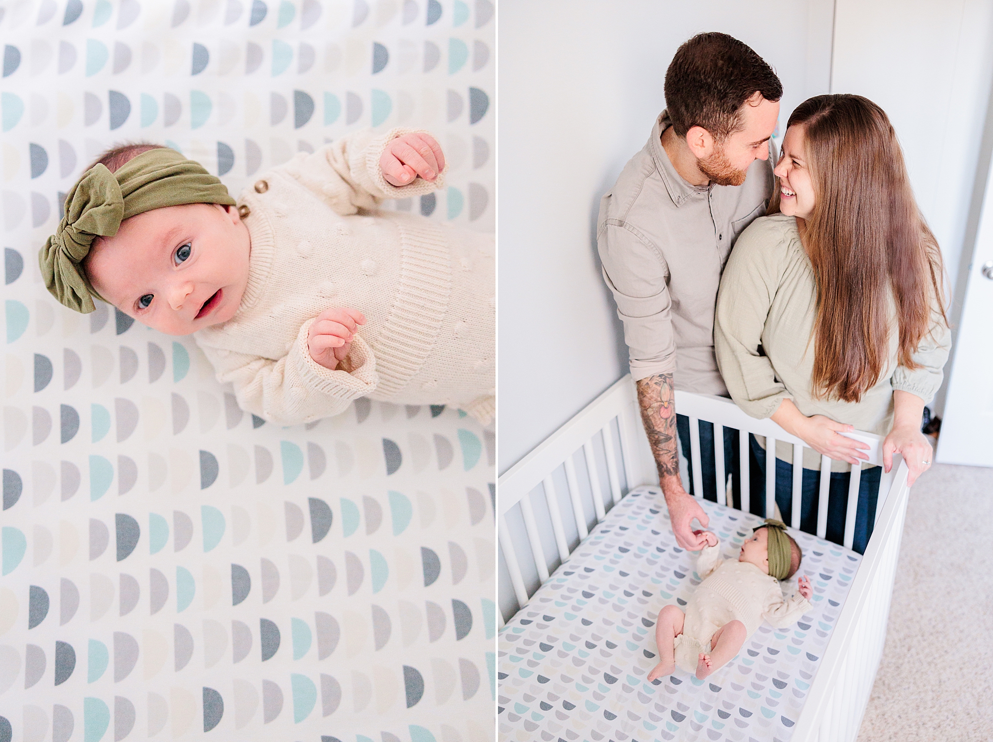 parents hug by daughter's crib during Maryland newborn lifestyle photos 