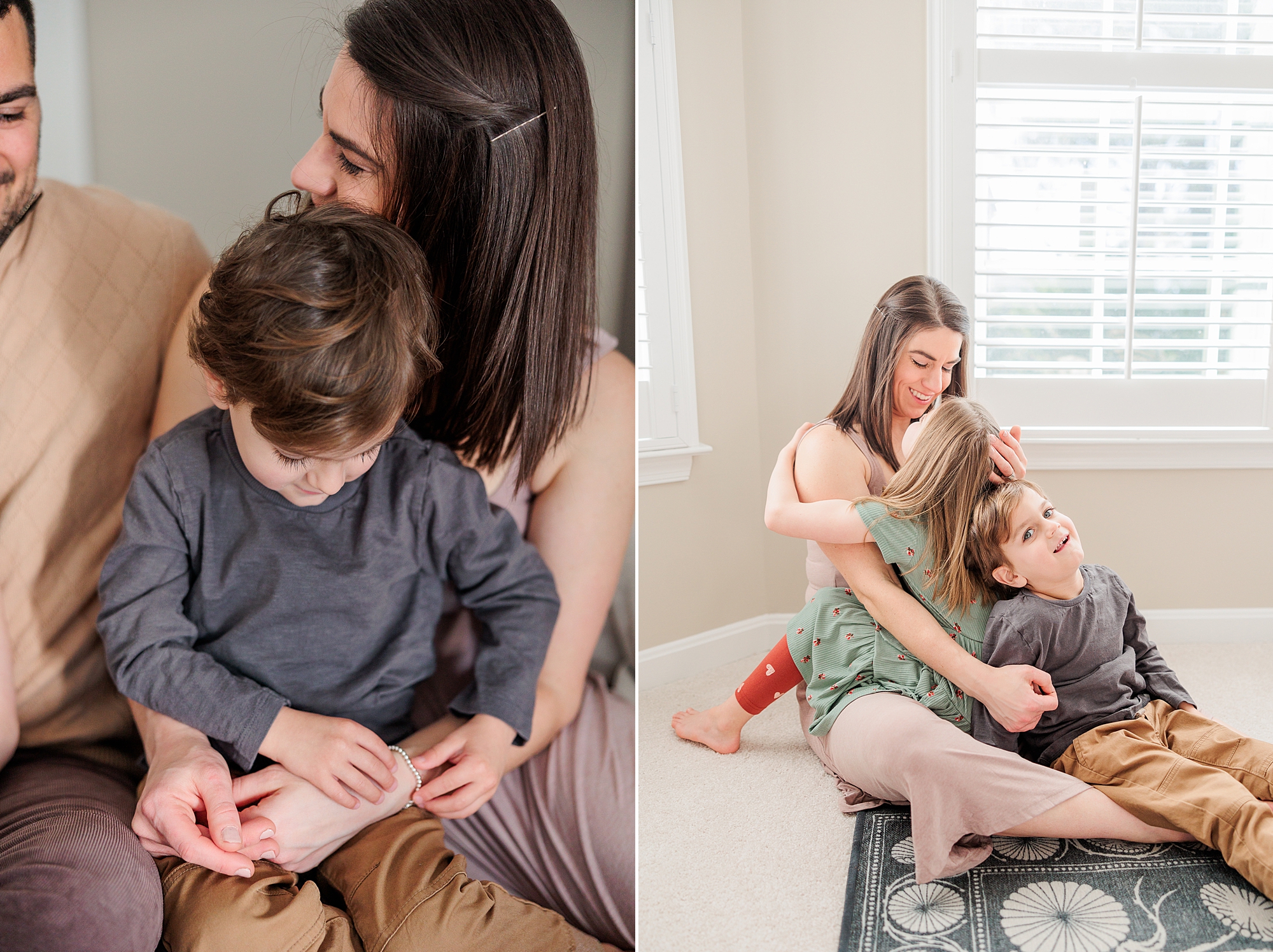 mom and dad laugh while son sits on their laps during Baltimore in-home family photos