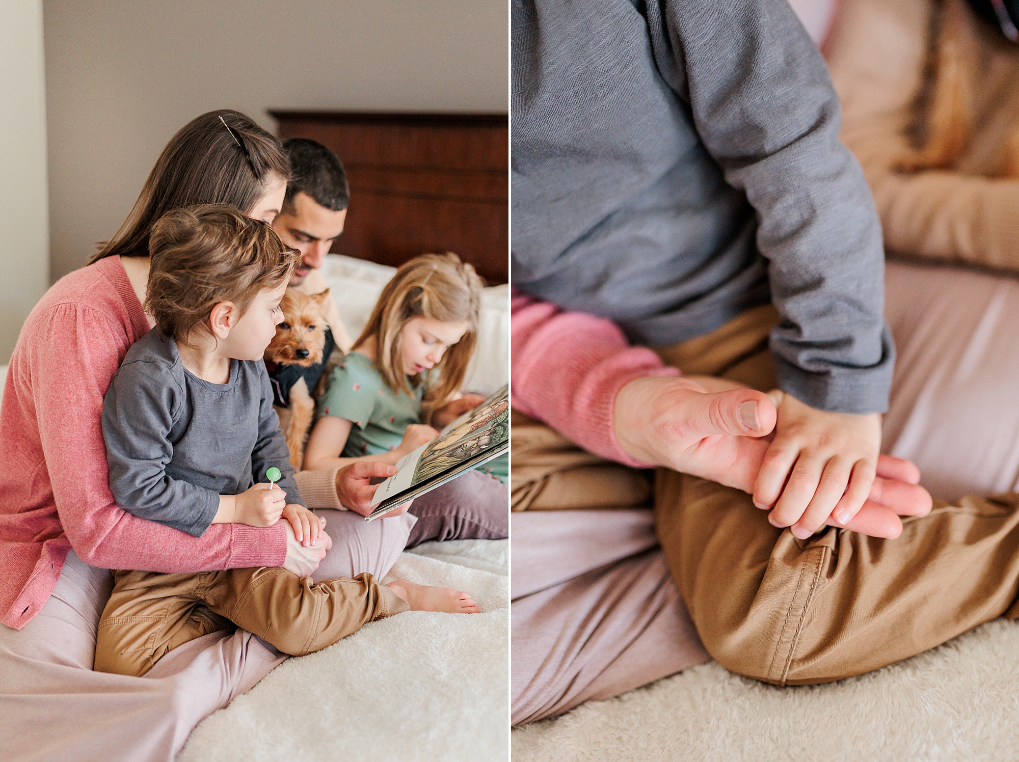 family reads book in bed while mom and son hold hands