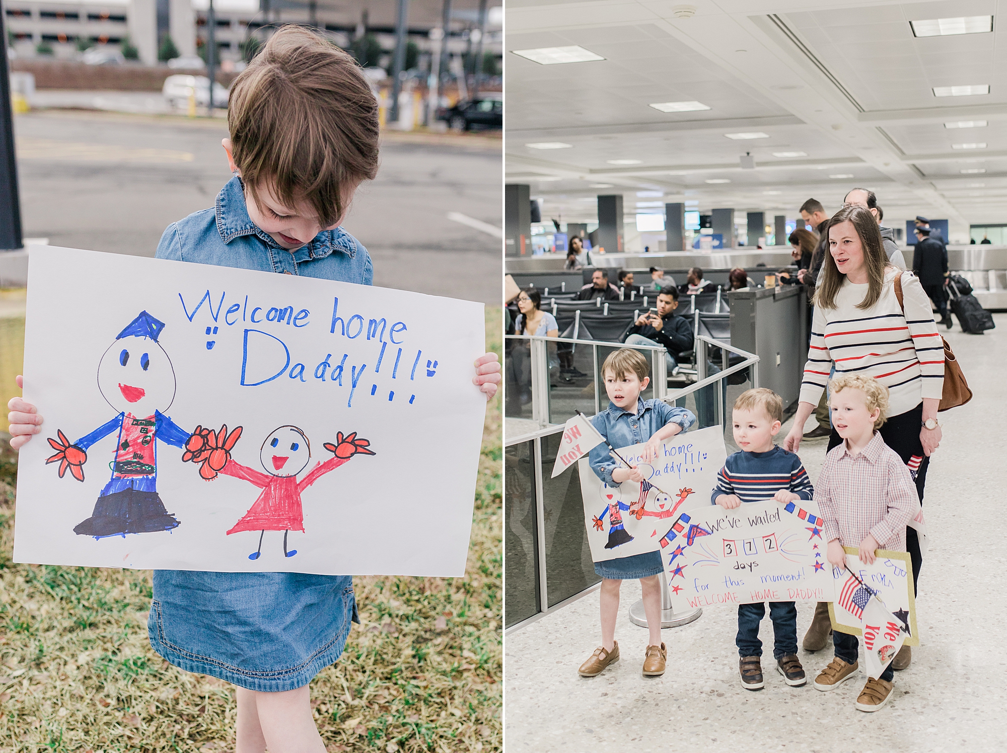 girl holds sign for dad during military deployment reunion 